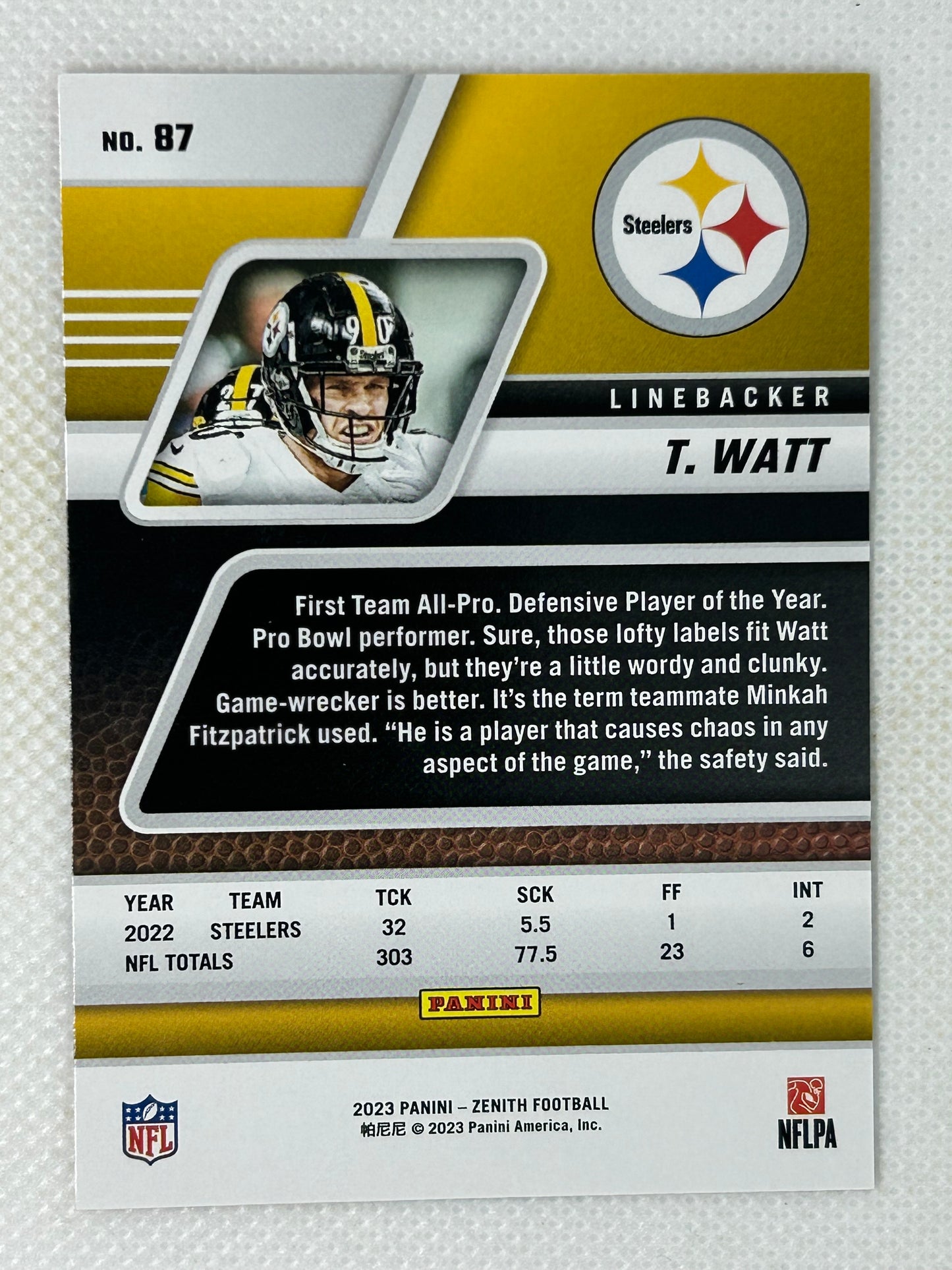 2023 Panini Zenith T.J. Watt #87 Pittsburgh Steelers