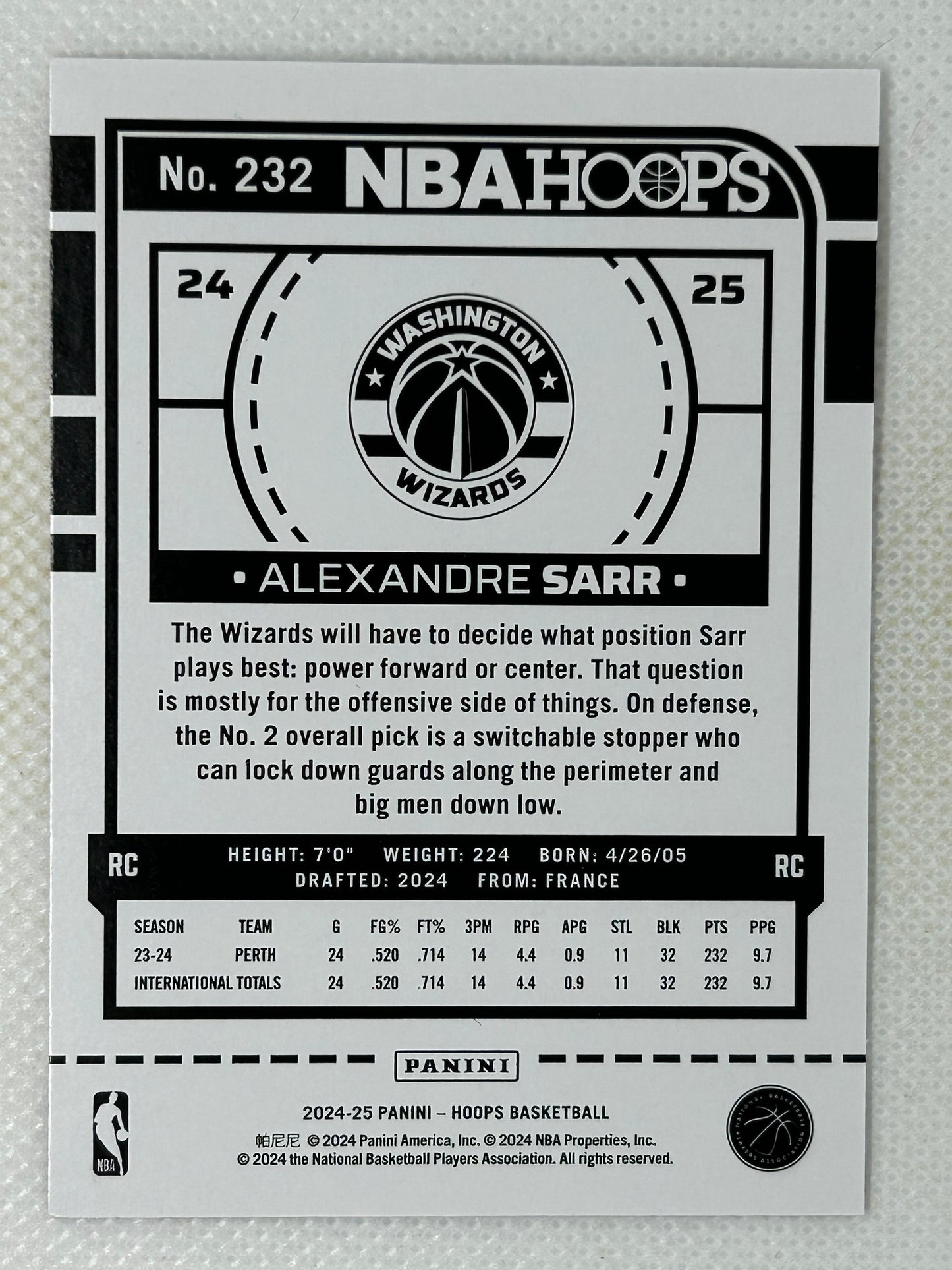 2024-25 Panini NBA Hoops Rookies Alexandre Sarr #232 Washington Wizards