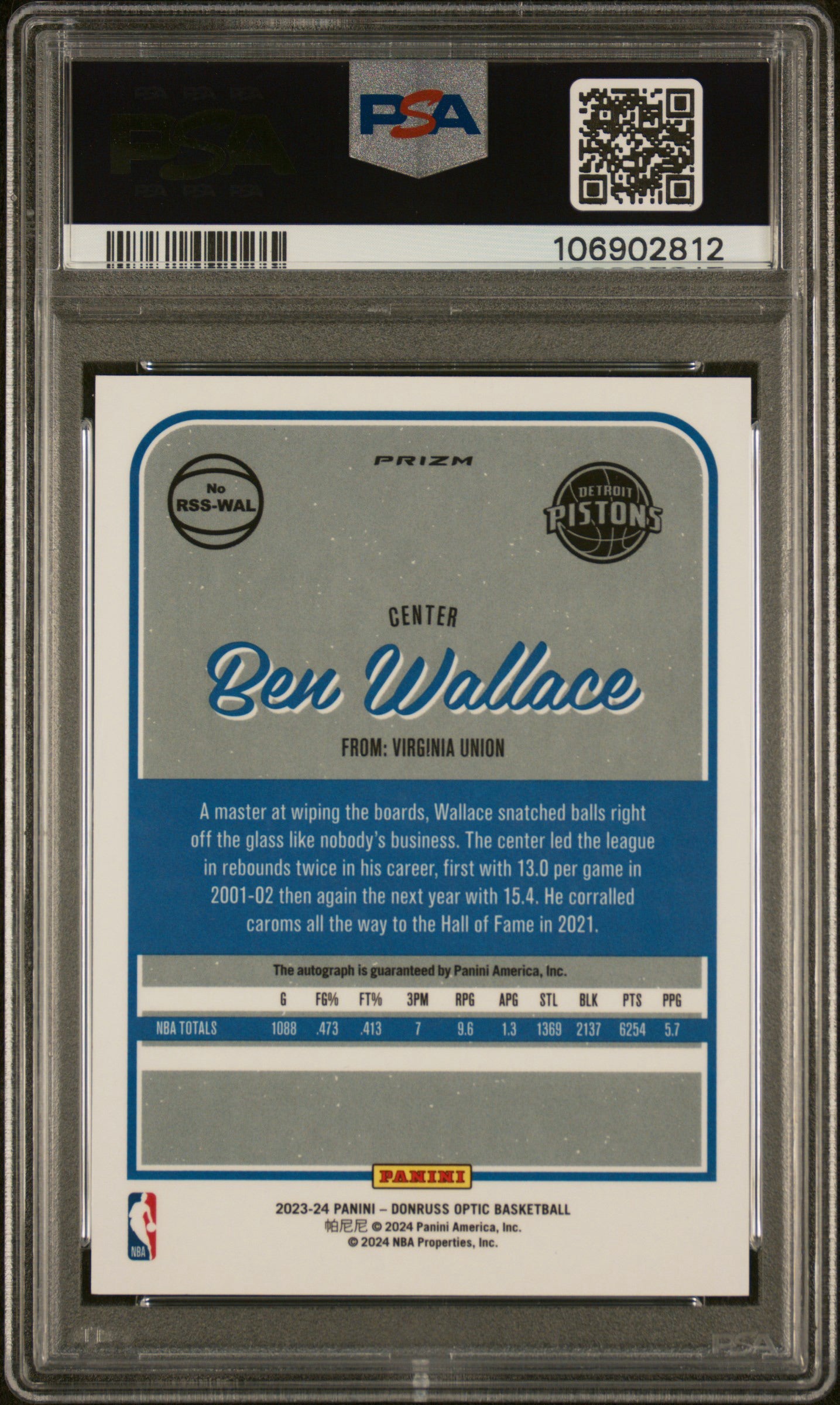 2023-24 Panini Optic Retro Series Signature Ben Wallace #RSS-WAL Detroit Pistons PSA 9