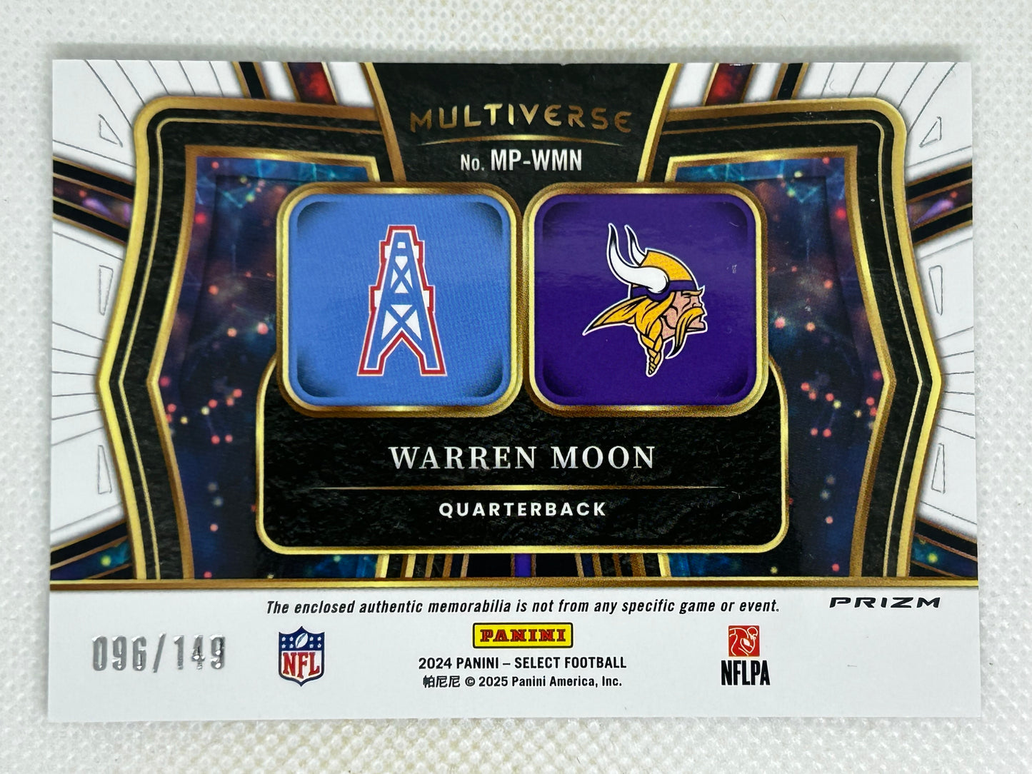 2024 Panini Select Multiverse Silver Prizm Dual Relic Warren Moon /149 #MP-WMN Houston Oilers Minnesota Vikings Signed Card