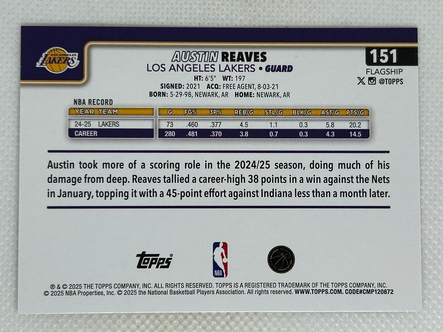 2025-26 Topps #151 Silver Diamanté Austin Reaves Los Angeles Lakers