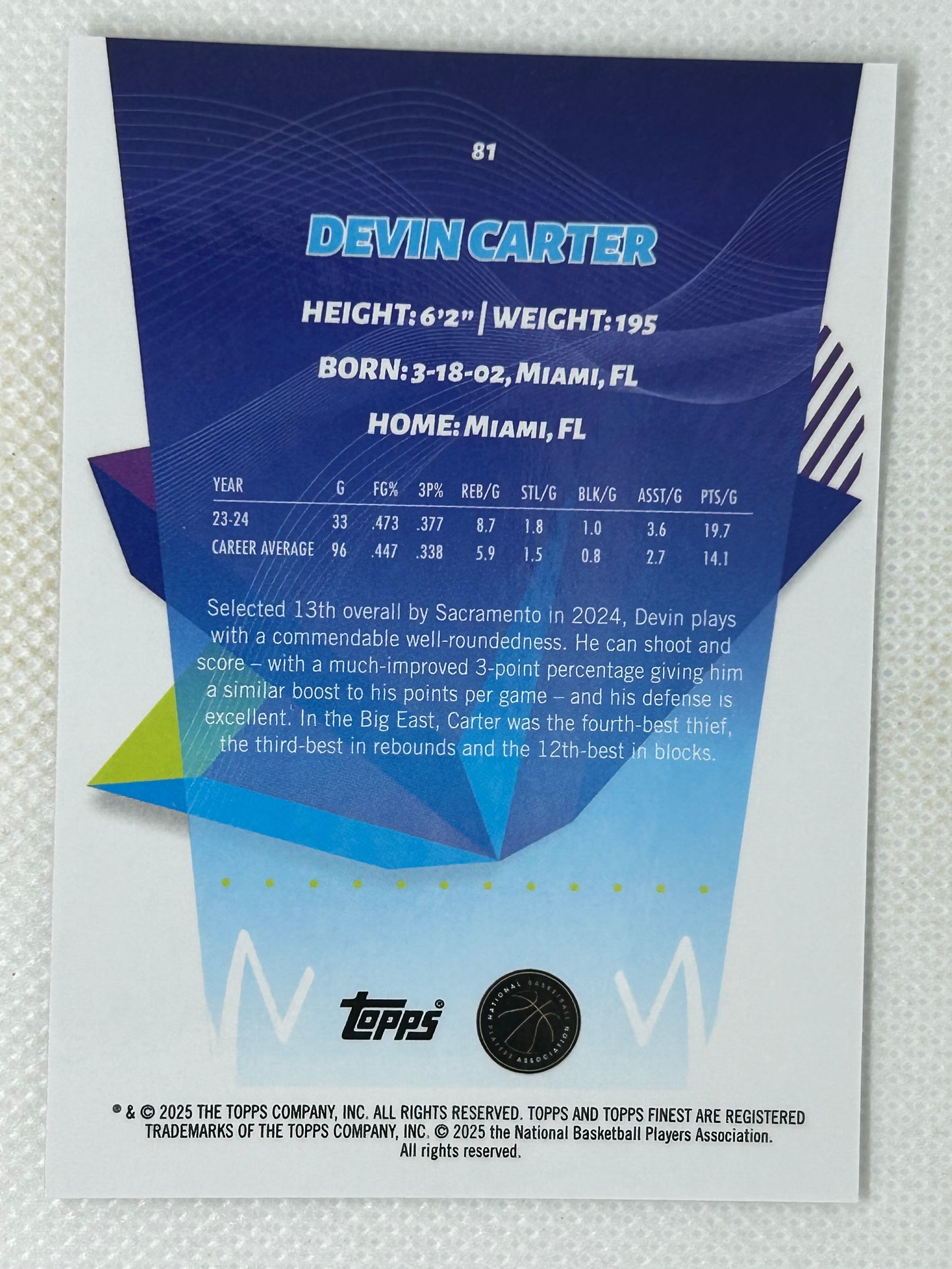 2024-25 Topps Finest X-Fractor Rookie Devin Carter #81 Sacramento Kings