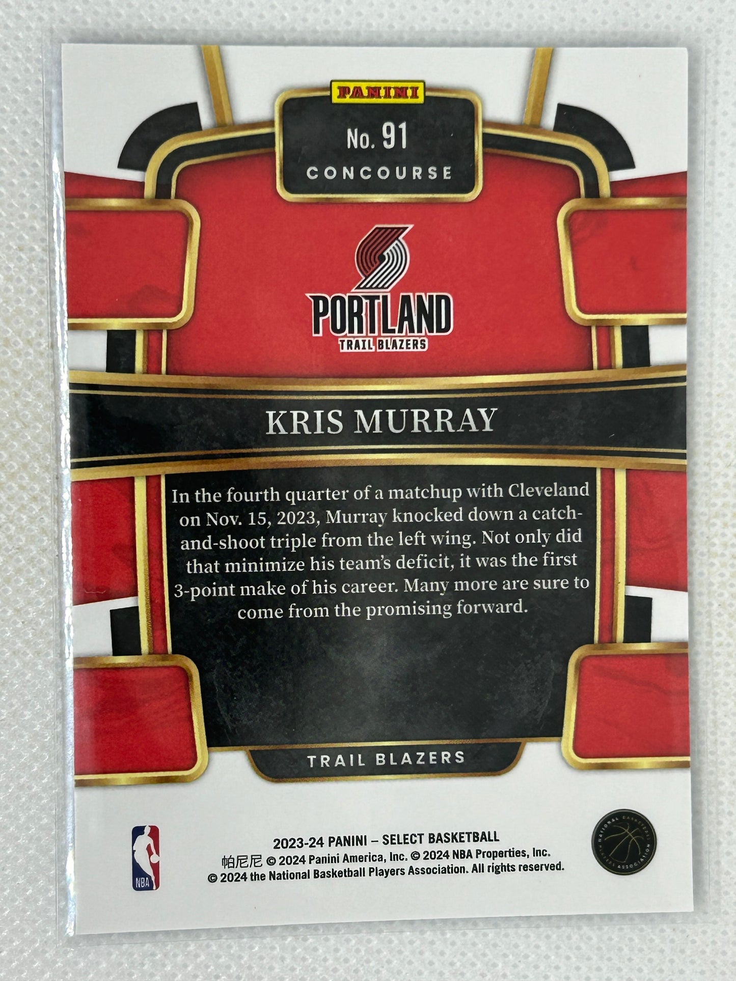 2023-24 Panini Select Rookie Kris Murray #91 Portland Trailblazers