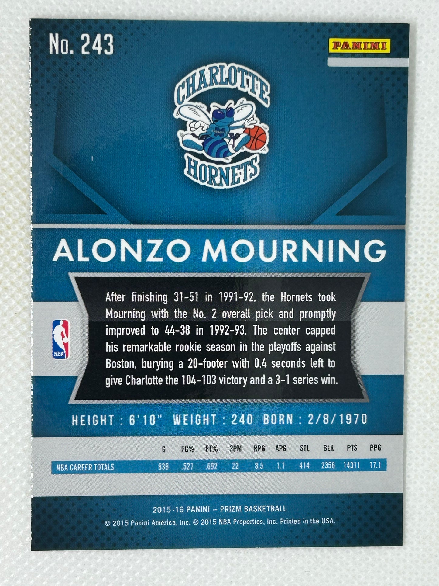 2015-16 Panini Prizm #243 Alonzo Mourning Charlotte Hornets Signed Card