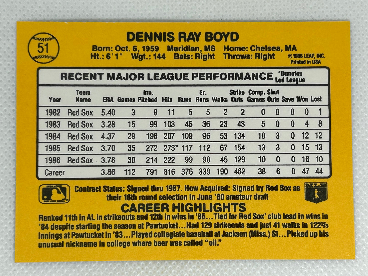 1987 Donruss #51 Oil Can Boyd Boston Red Sox Signed Card