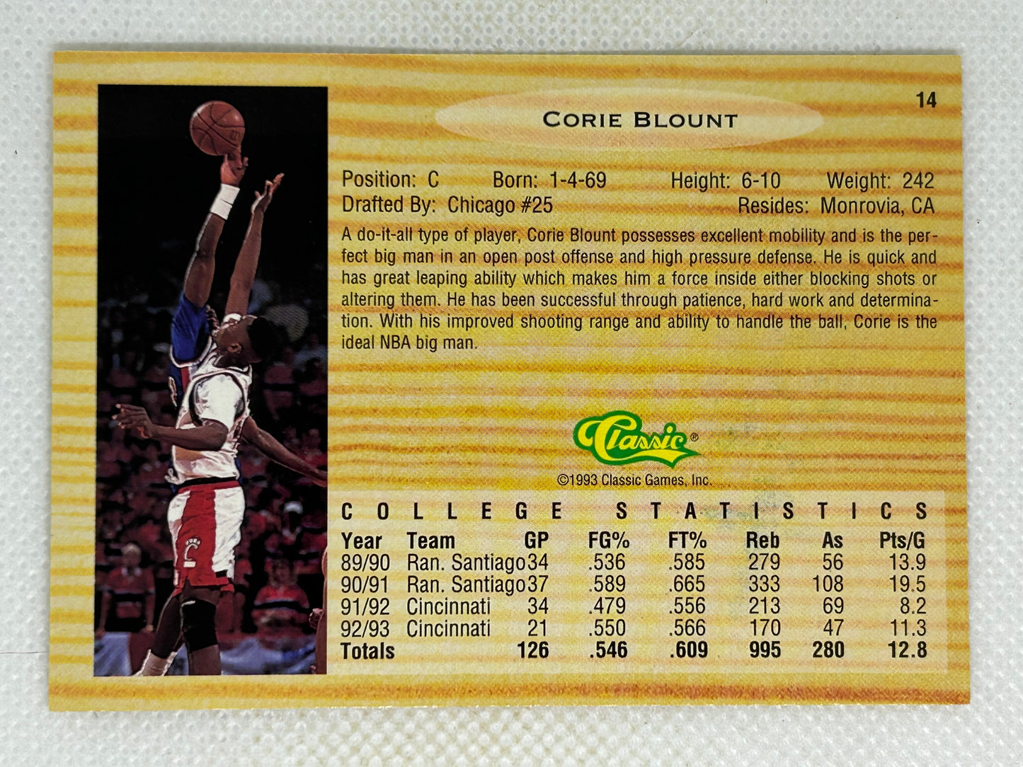 1993 Classic Draft Picks Corie Blount #14 Cincinnati Bearcats Signed Card
