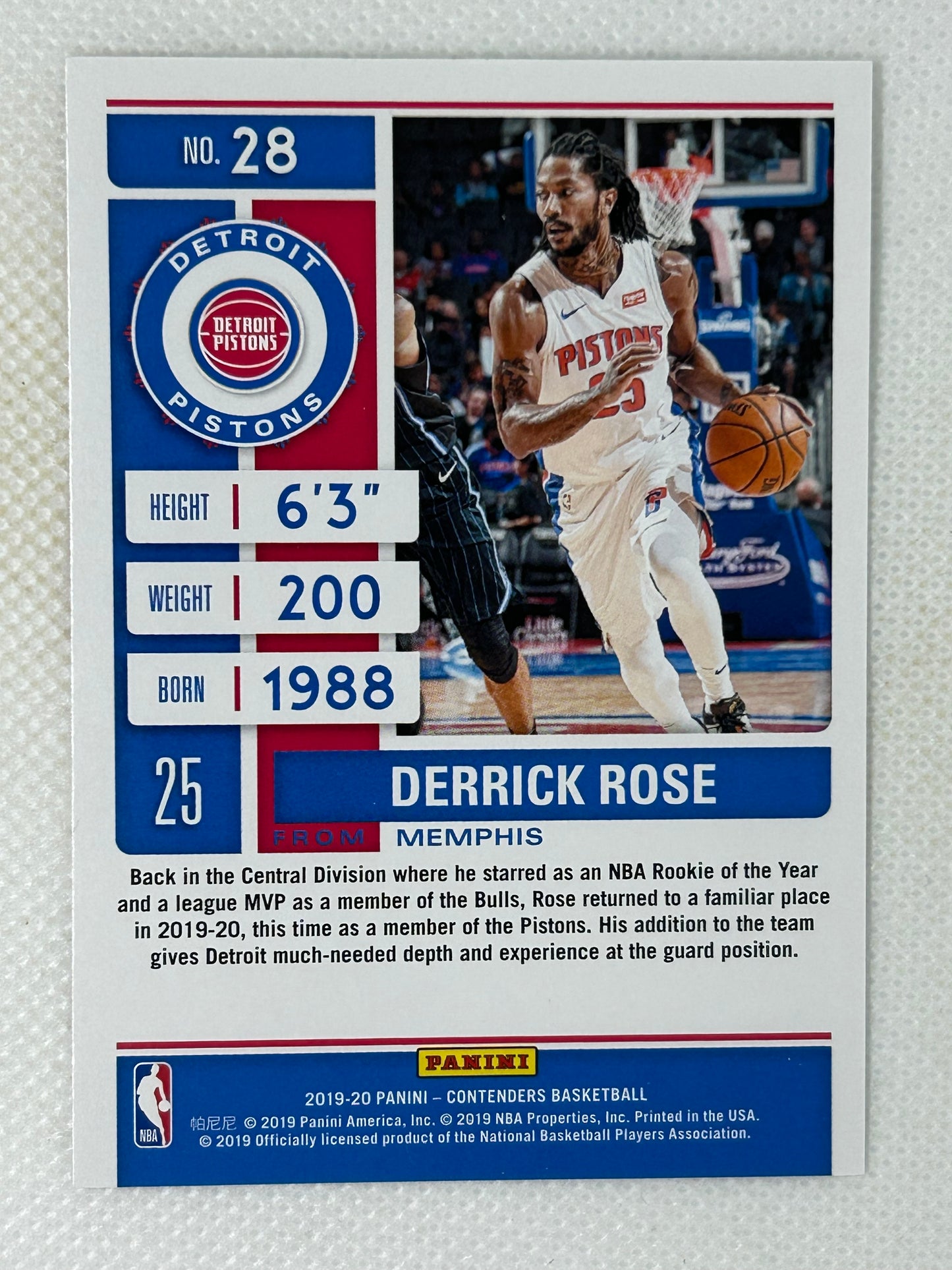 2019-20 Panini Contenders Red #28 Derrick Rose Detroit Pistons