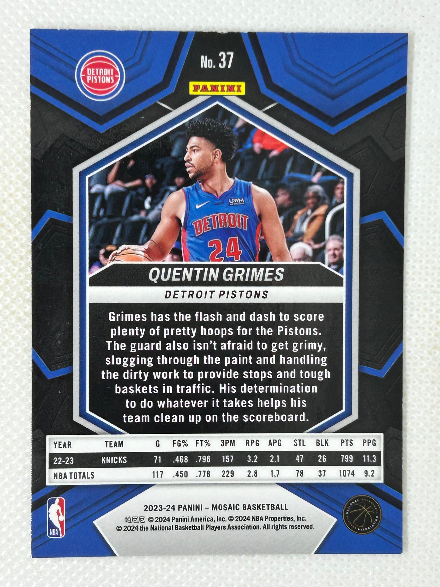 2023-24 Panini Mosaic Quentin Grimes #37 Detroit Pistons Signed Card