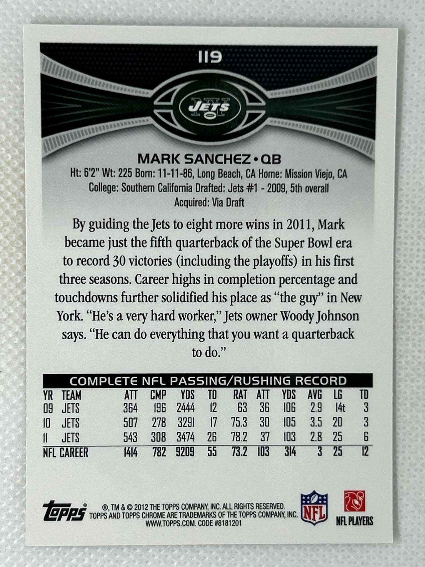2012 Topps Chrome Mark Sanchez #119 New York Jets