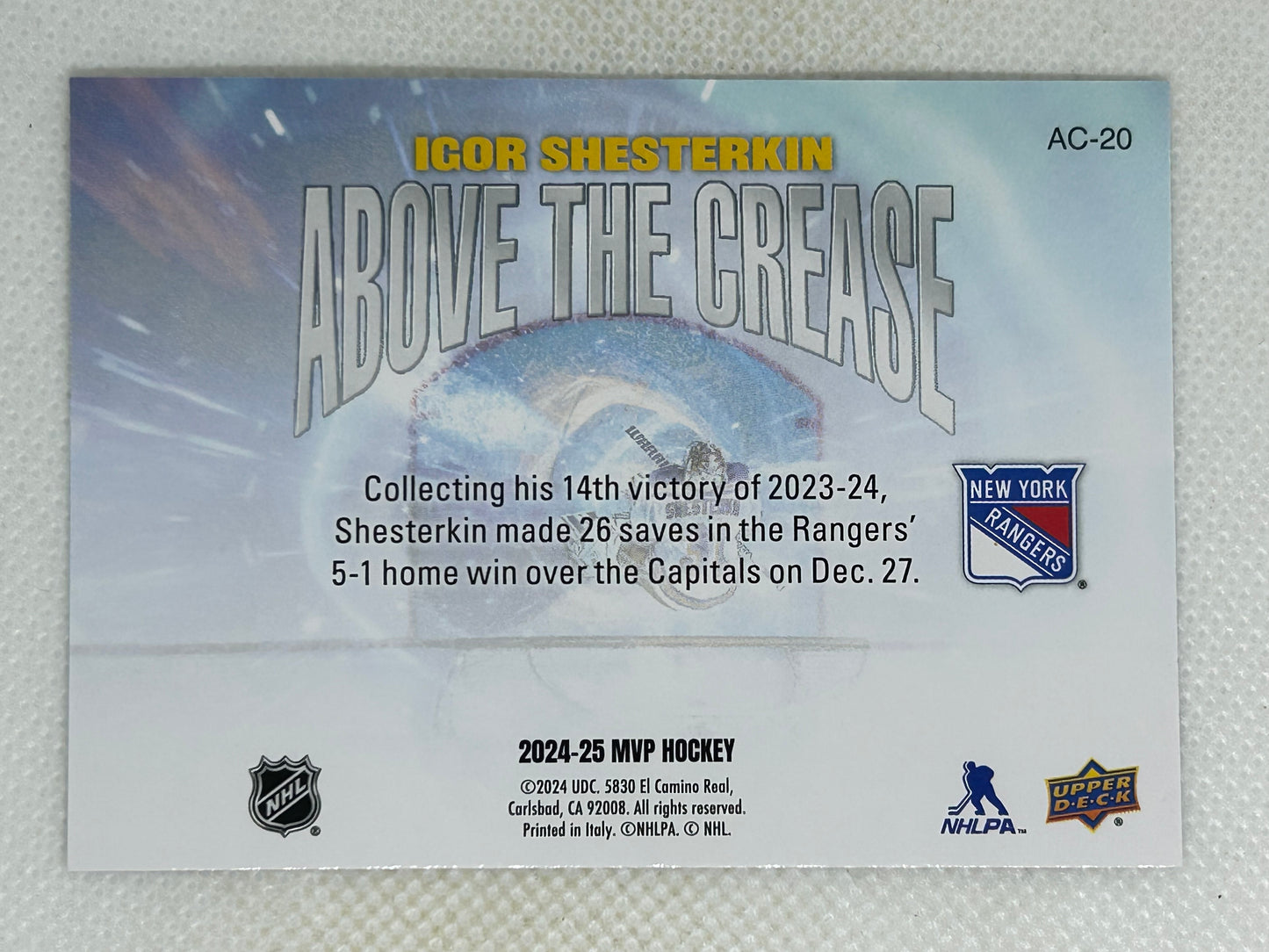 2024-25 Upper Deck MVP Above the Crease Igor Shesterkin #AC-20 New York Rangers