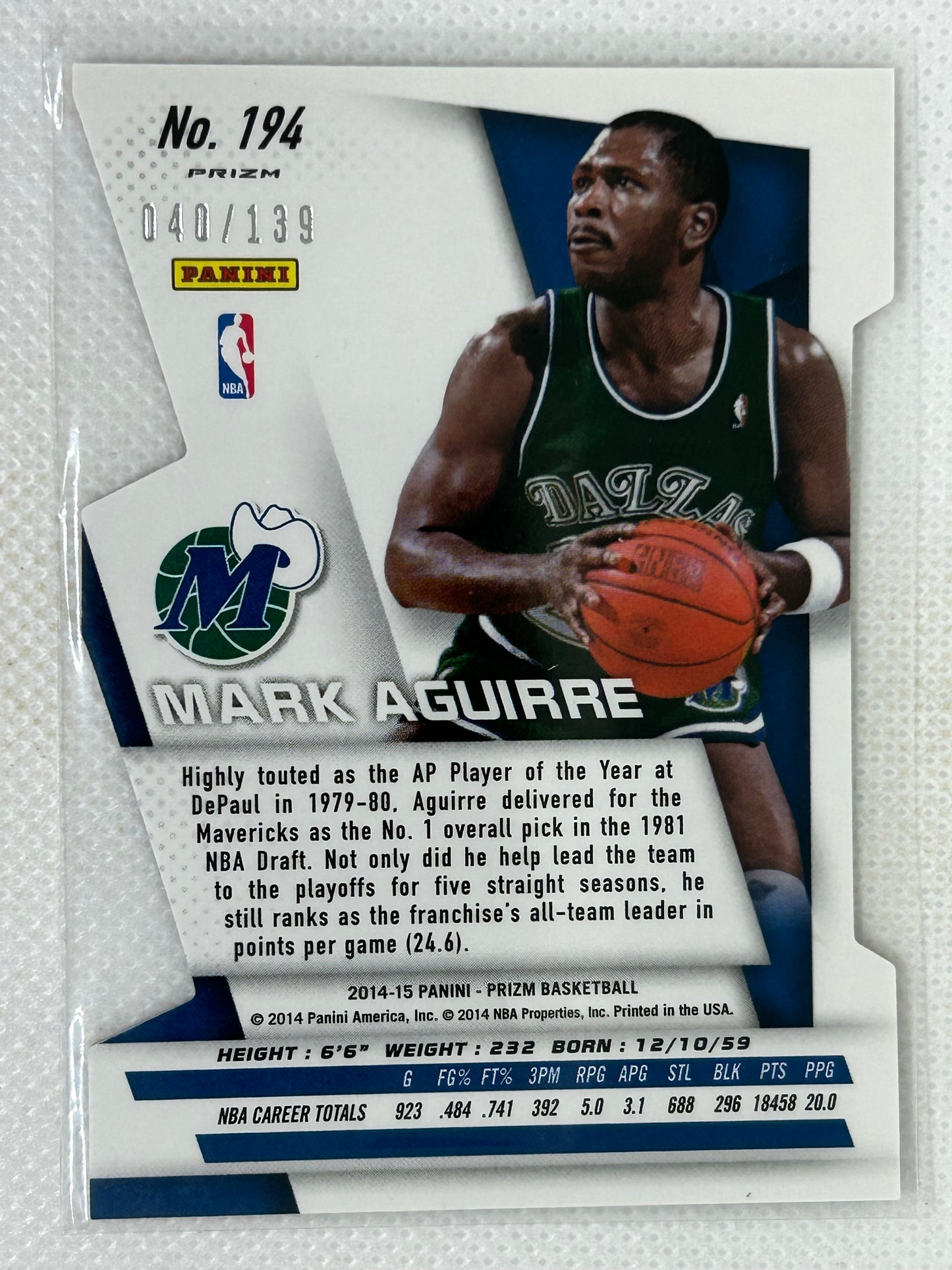2014-15 Panini Prizm Prizms Orange Die Cut Card #194 Mark Aguirre /139 Dallas Mavericks
