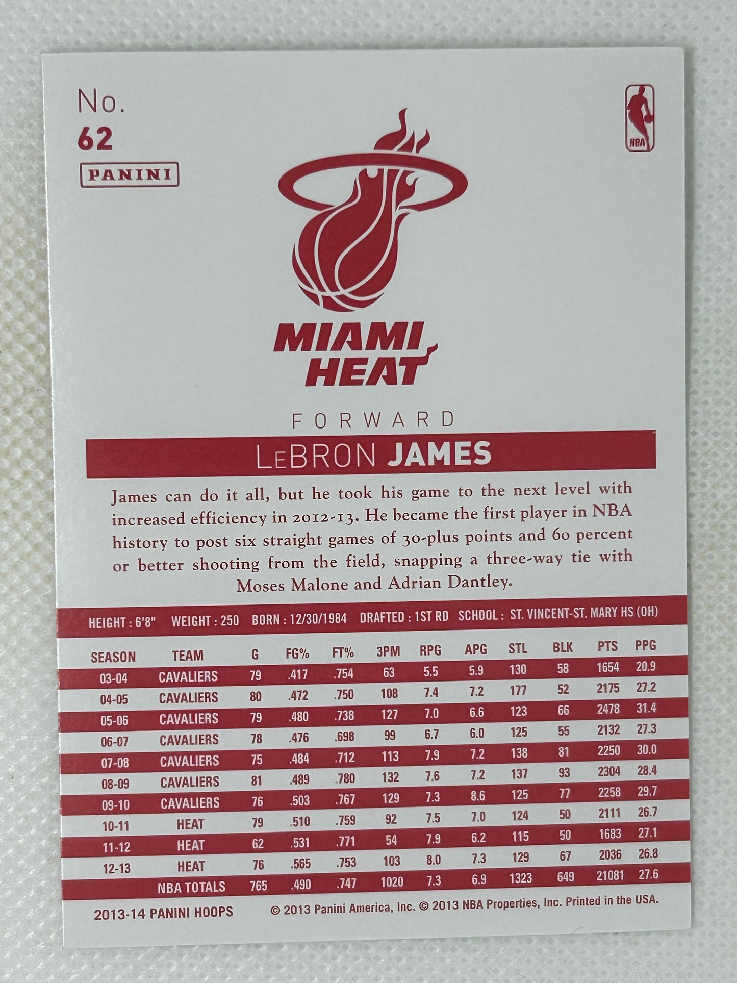 2013-14 Panini Hoops Red Back LeBron James #62 Miami Heat
