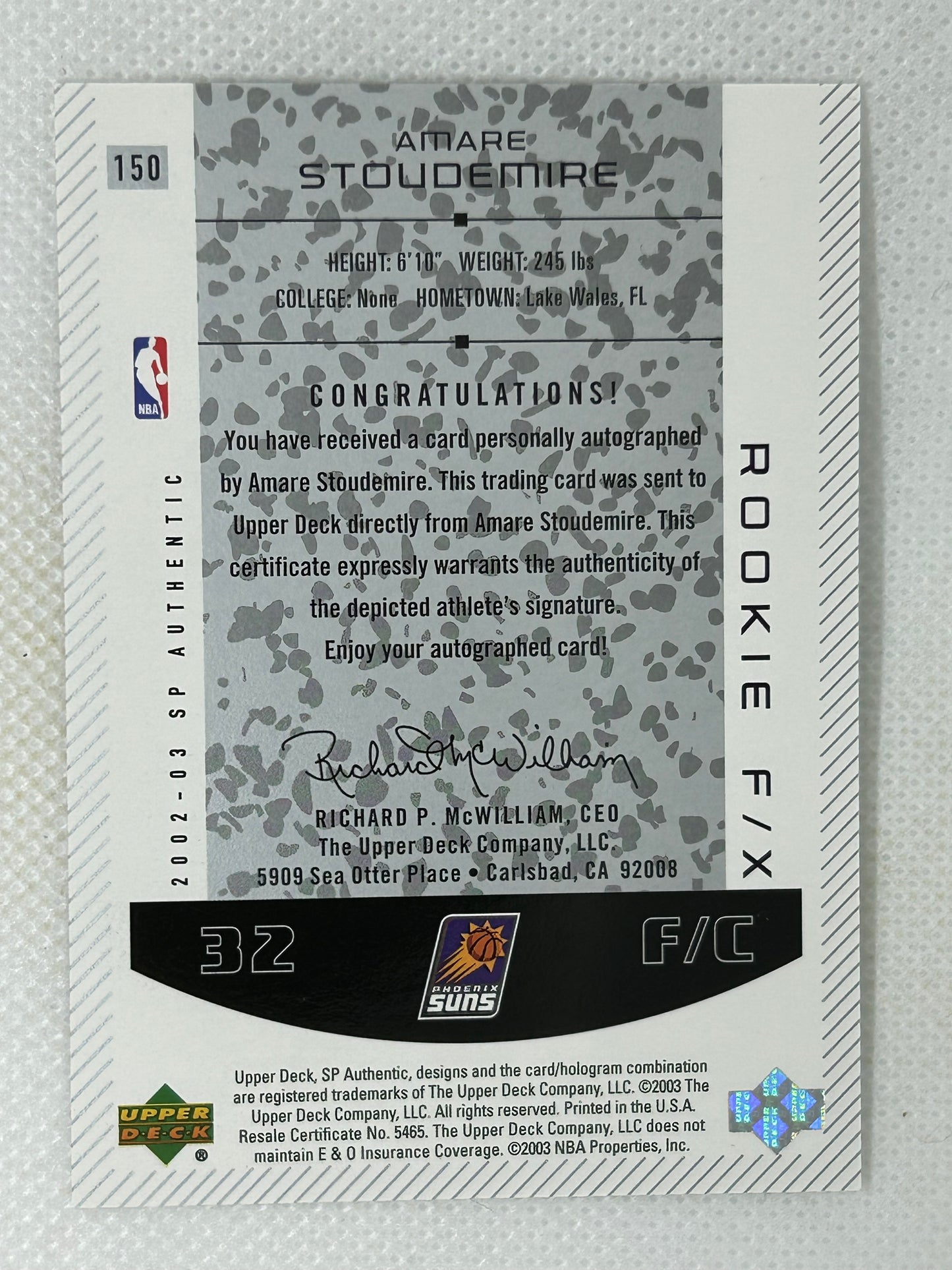 2002-03 SP Authentic F/X /1500 Amar'e Stoudemire #150 Rookie Autograph Phoenix Suns