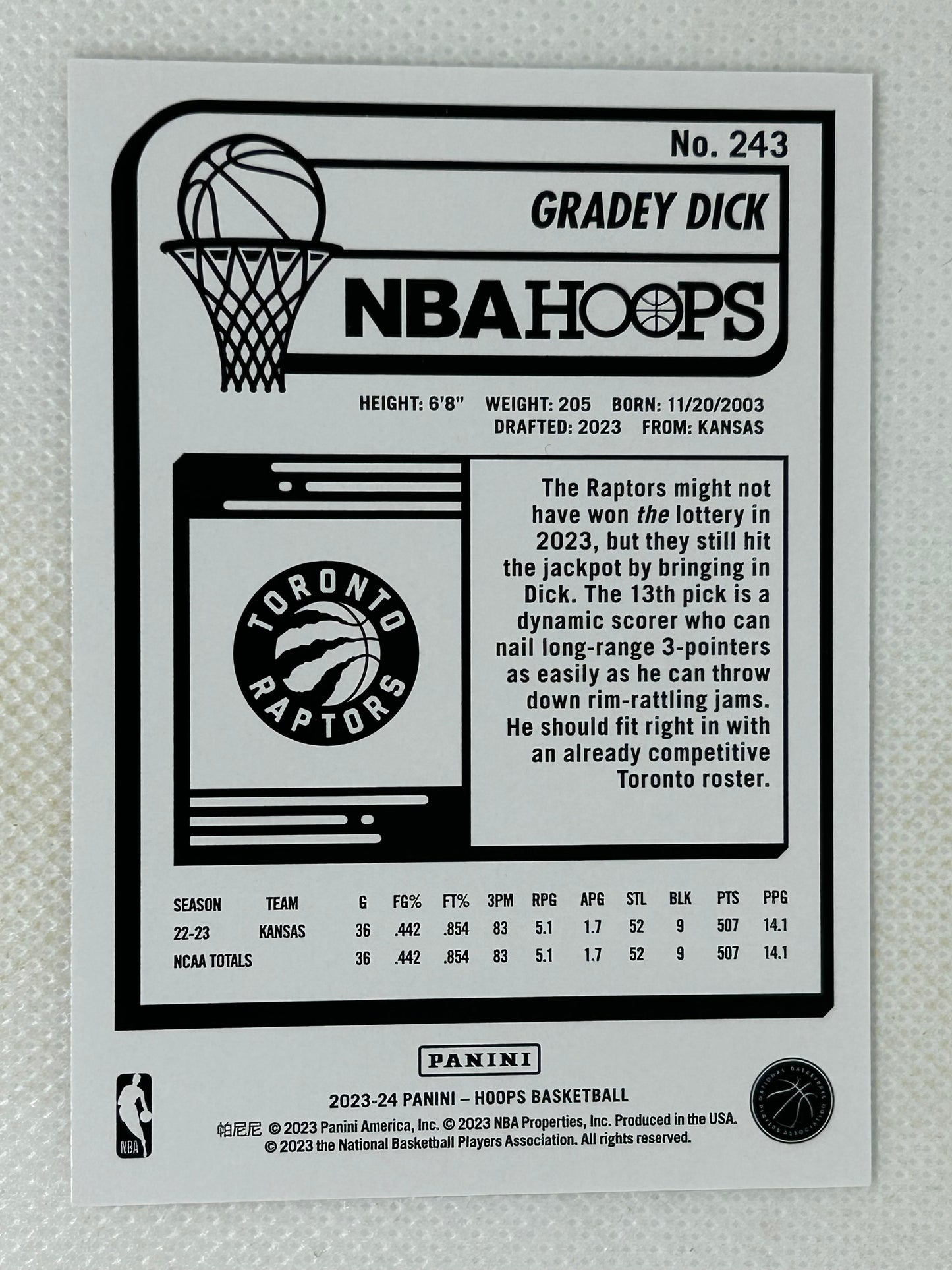 2023-24 Panini NBA Hoops Rookie #243 Gradey Dick Toronto Raptors