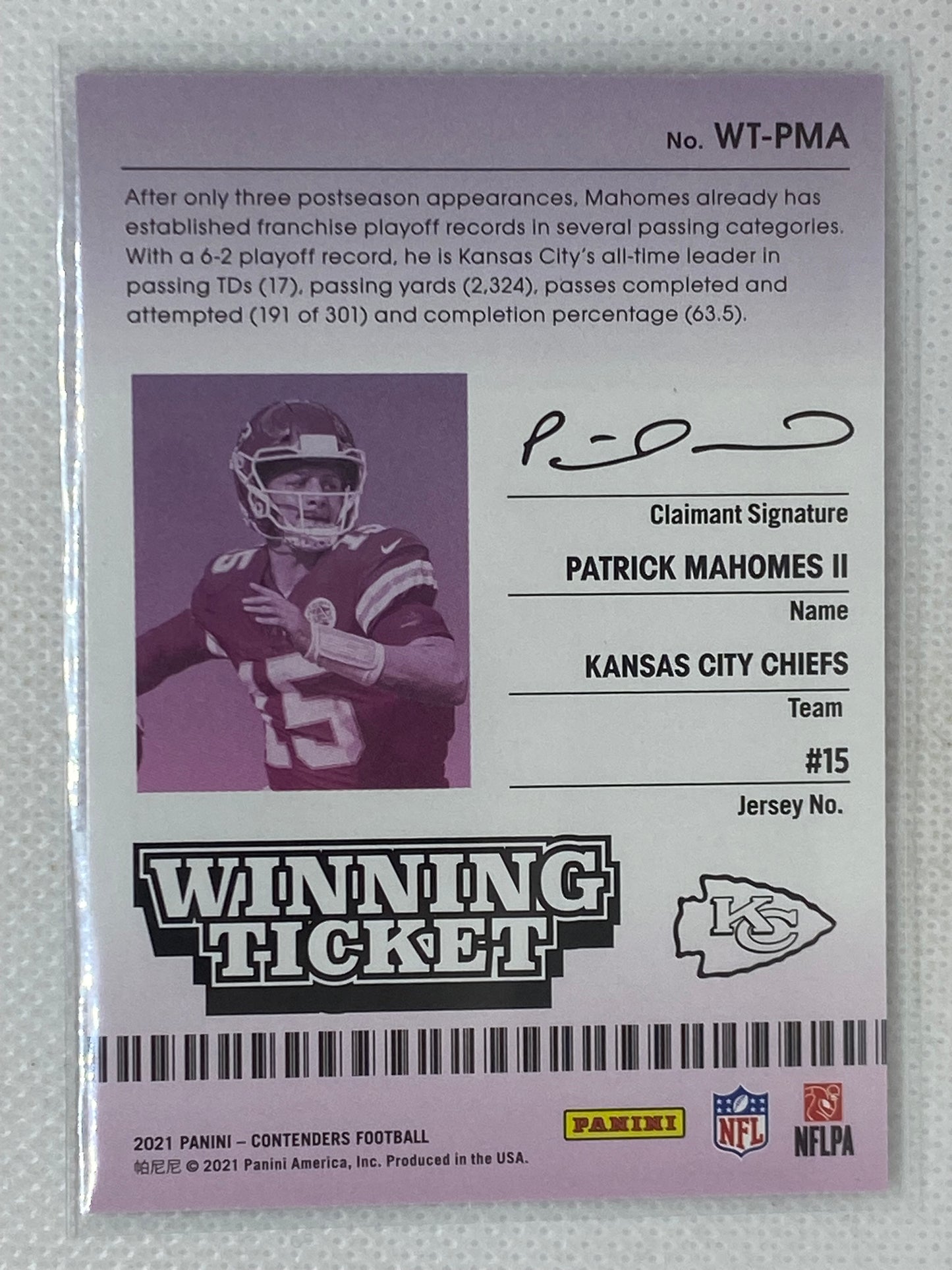 2021 Panini Contenders Winning Ticket #WT-PMA Patrick Mahomes II Kansas City Chiefs