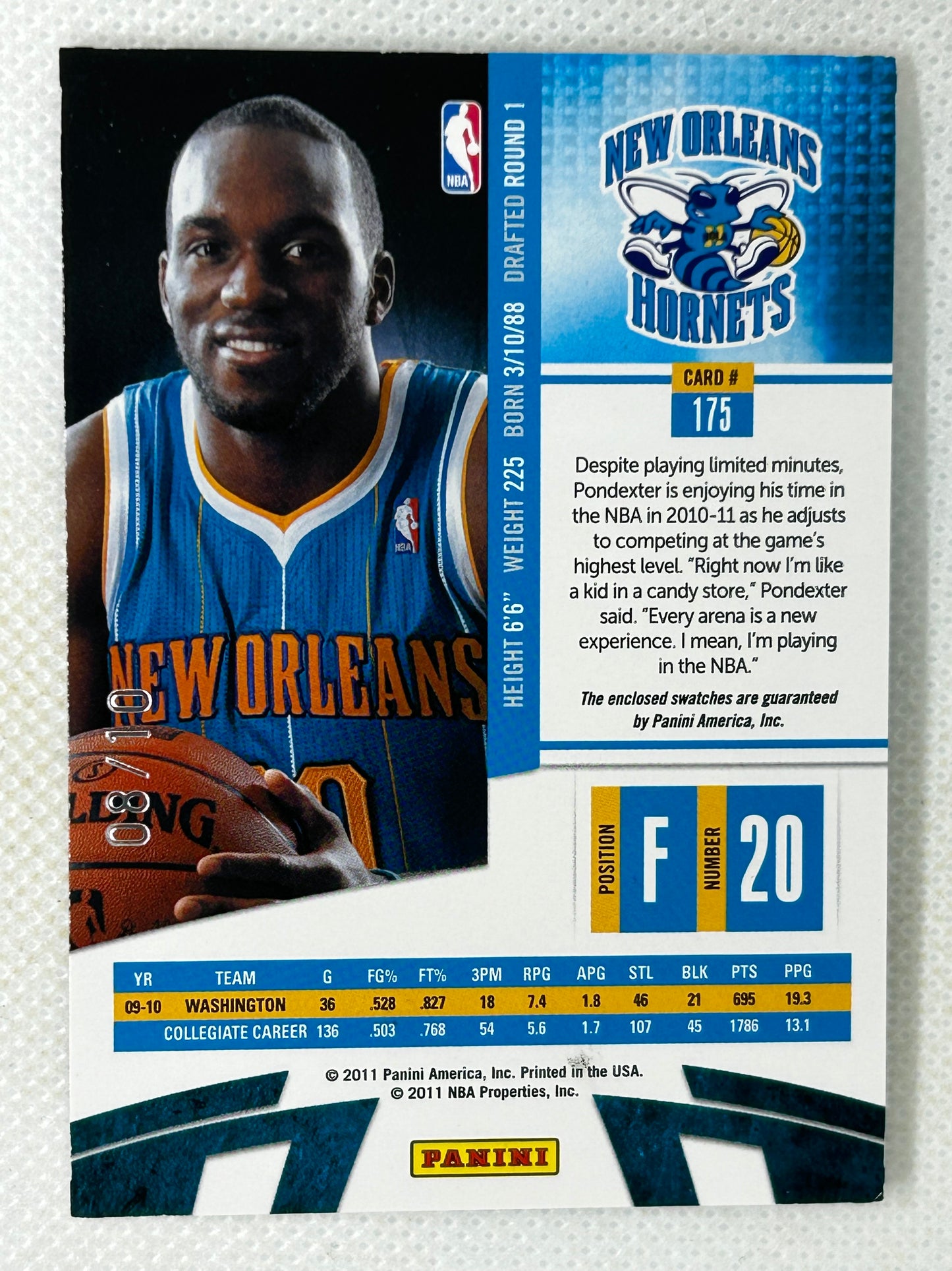 2010-11 Panini Absolute Memorabilia Rookie Premiere Materials Prime Patch #175 Quincy Pondexter /10 New Orleans Hornets