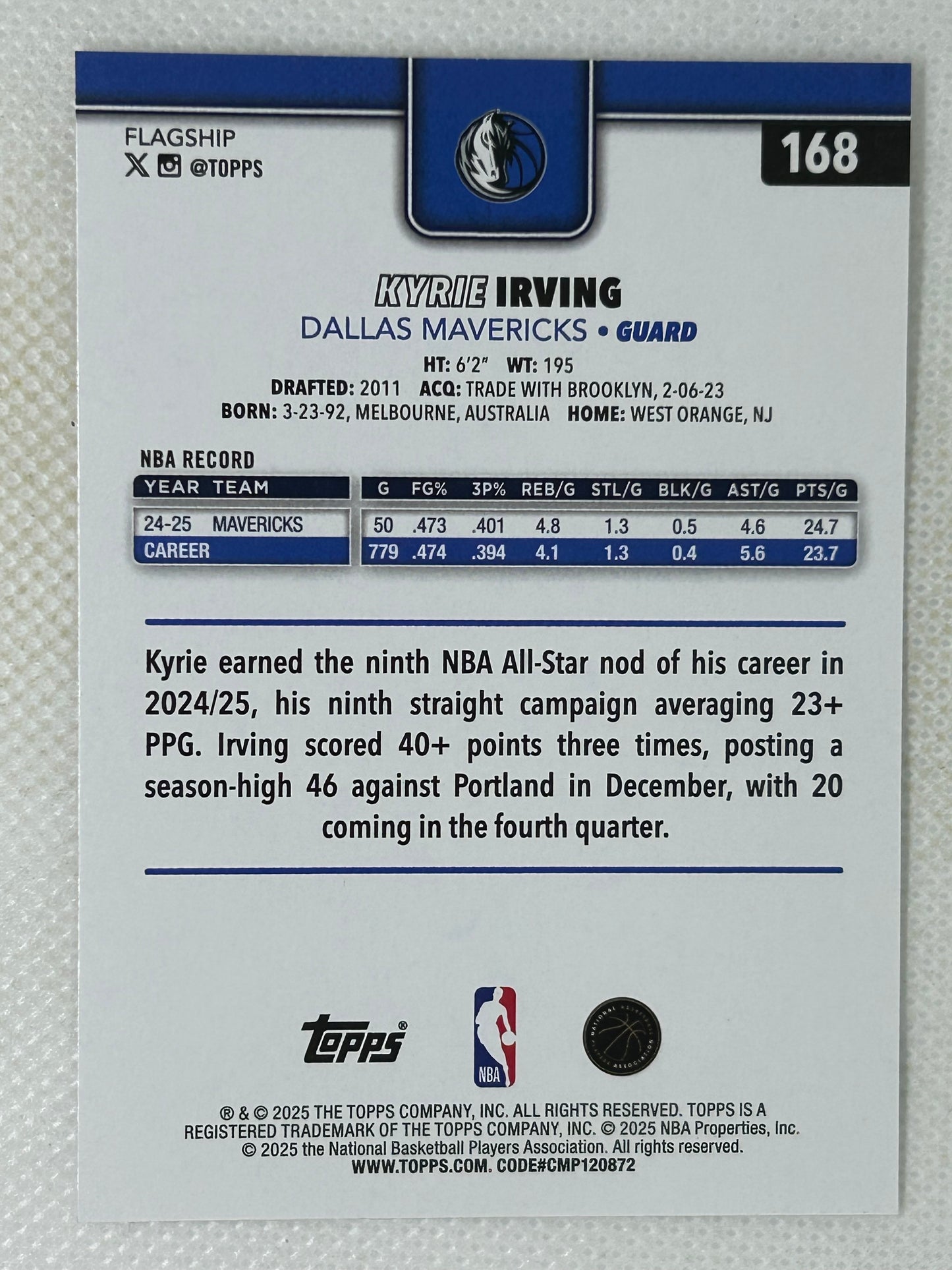 2025-26 Topps Flagship Basketball #168 Kyrie Irving Dallas Mavericks Signed Card