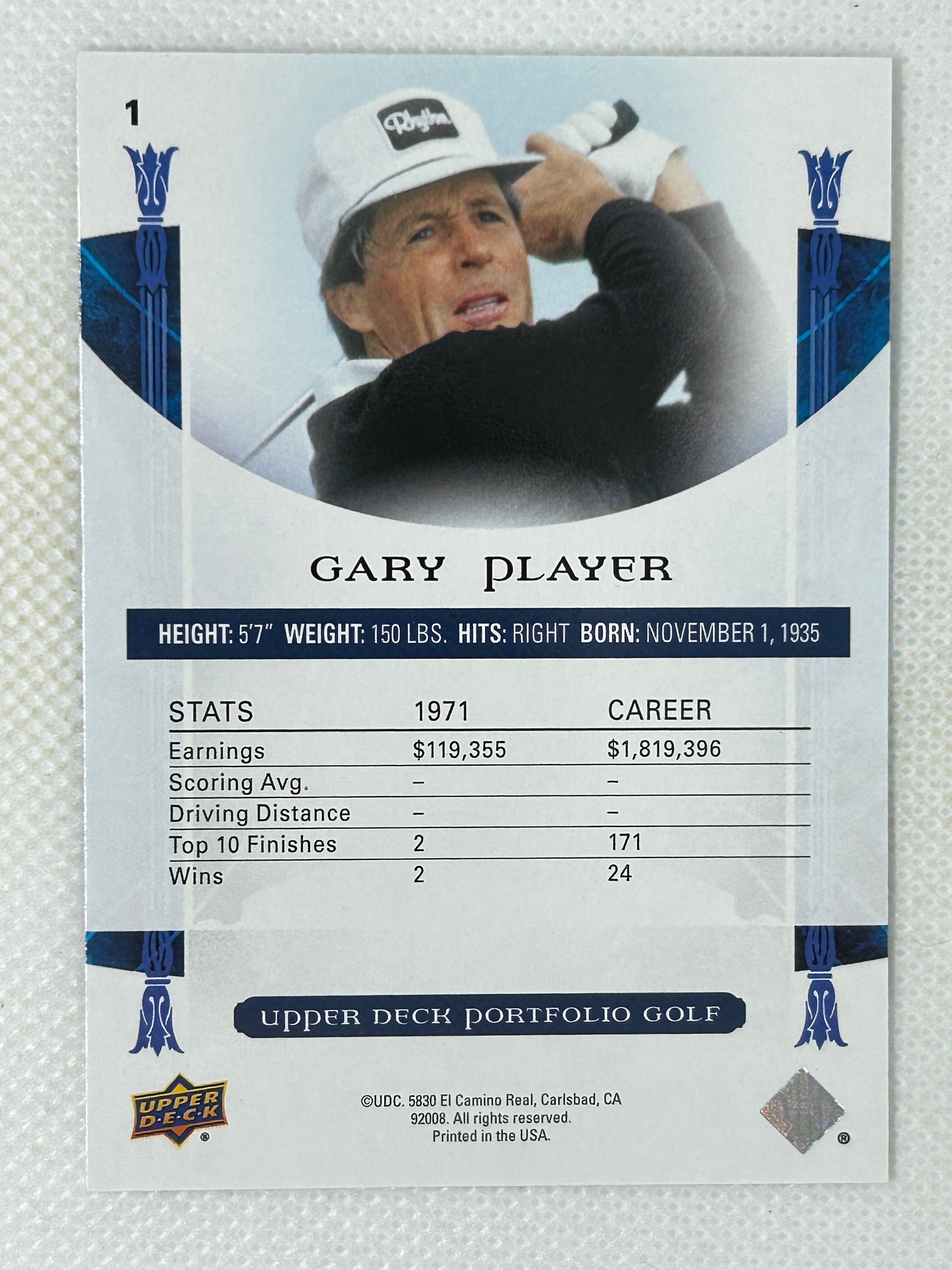 2024 Upper Deck Portfolio Golf Artifacts #1 Gary Player Signed Card