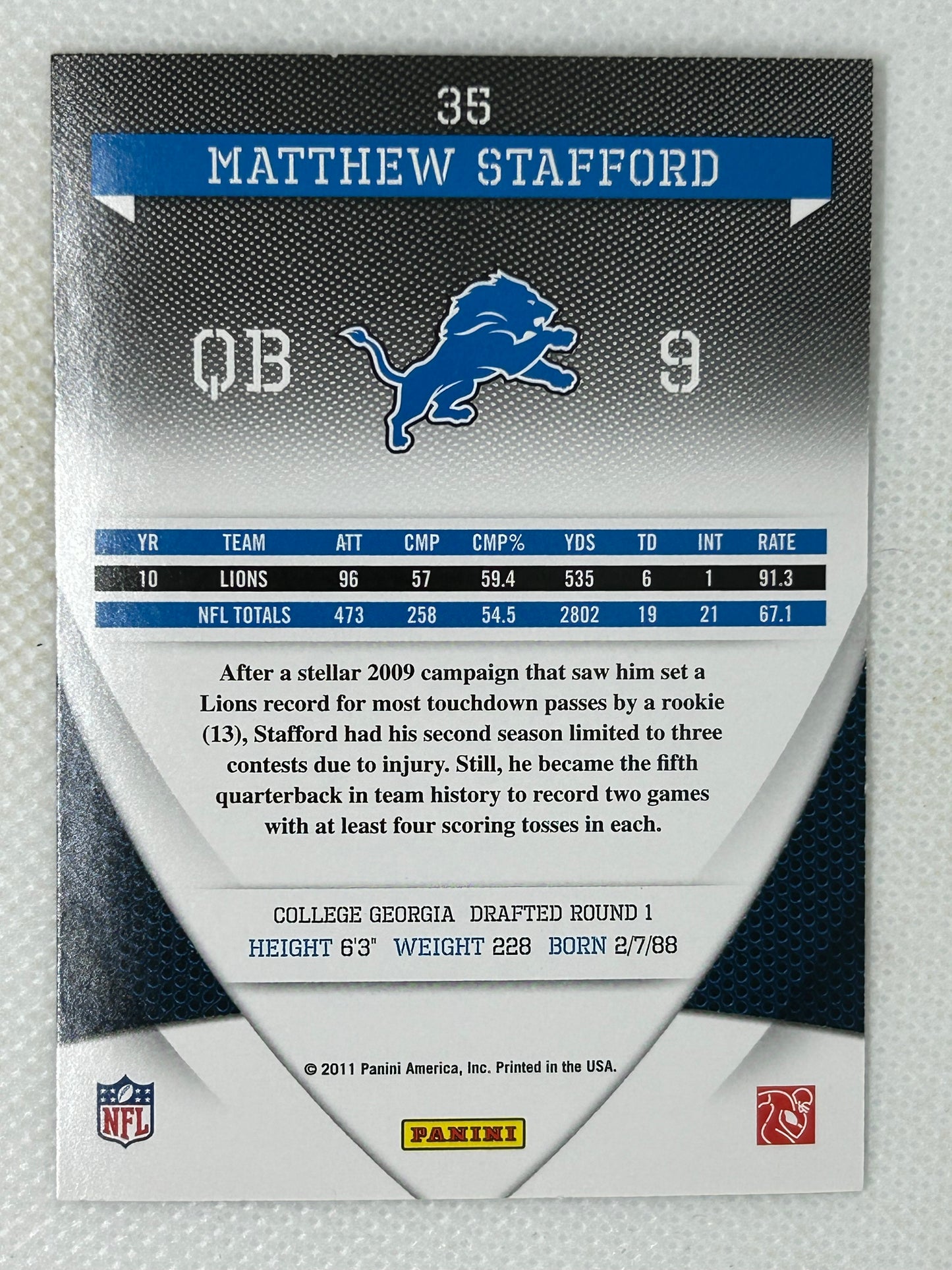 2011 Panini Donruss Elite #35 Matthew Stafford Detroit Lions