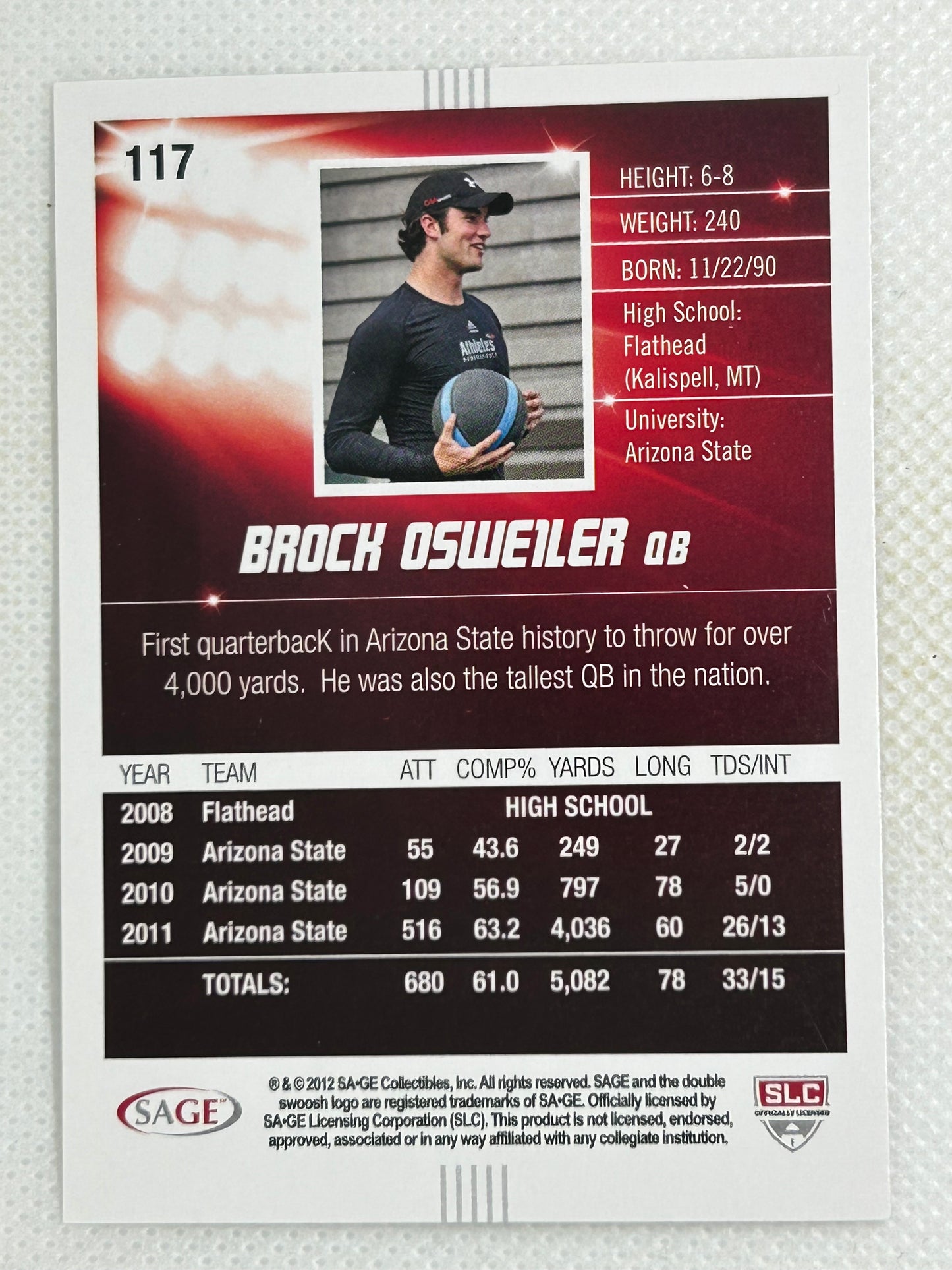 2012 Sage Hit Brock Osweiler #117 Signed Card Denver Broncos