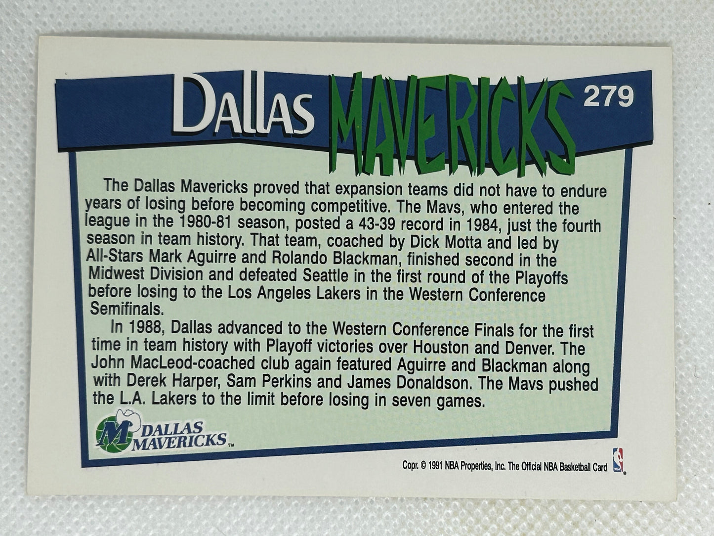 1991 NBA Hoops Dallas Mavericks #279 Dallas Mavericks