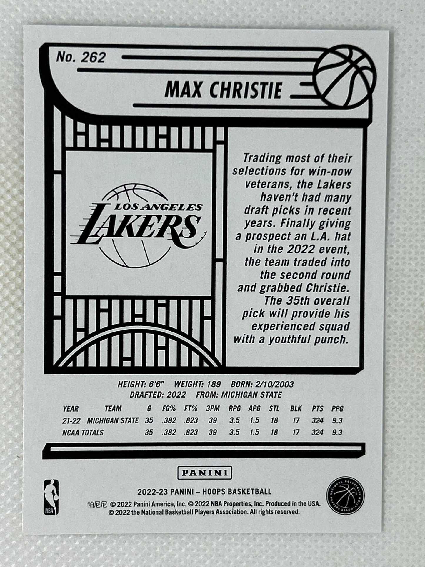 2022-23 Panini Hoops Rookie Card #262 Max Christie Los Angeles Lakers