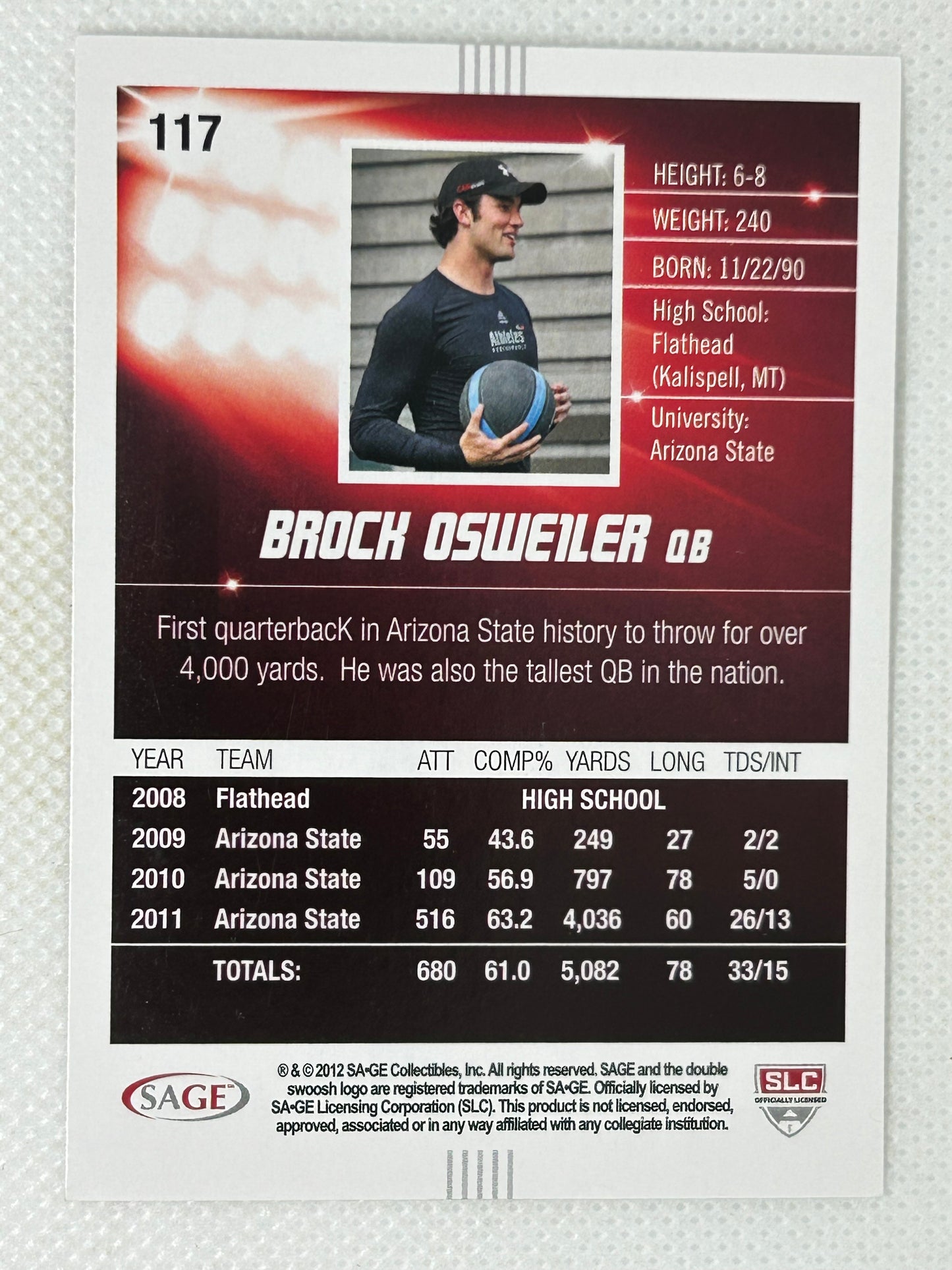 2012 Sage Hit Brock Osweiler #117 Signed Card Denver Broncos