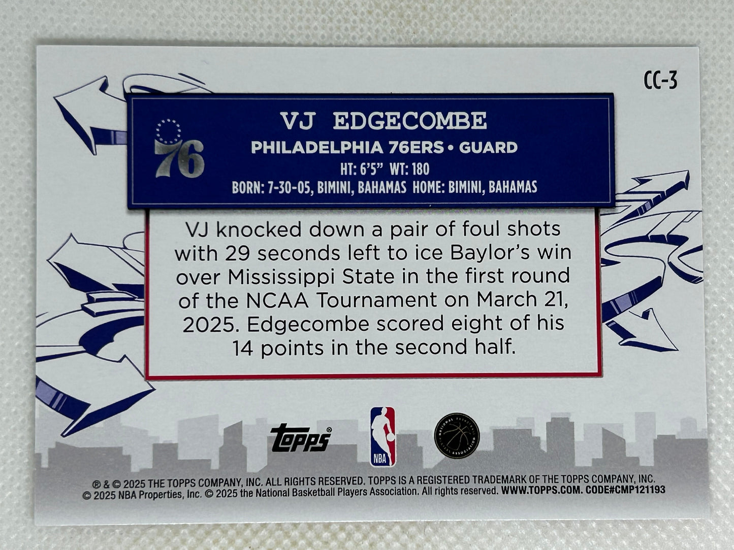2025-26 Topps Basketball Rookie Clutch City Prospects #CC3 VJ Edgecombe Philadelphia 76ers