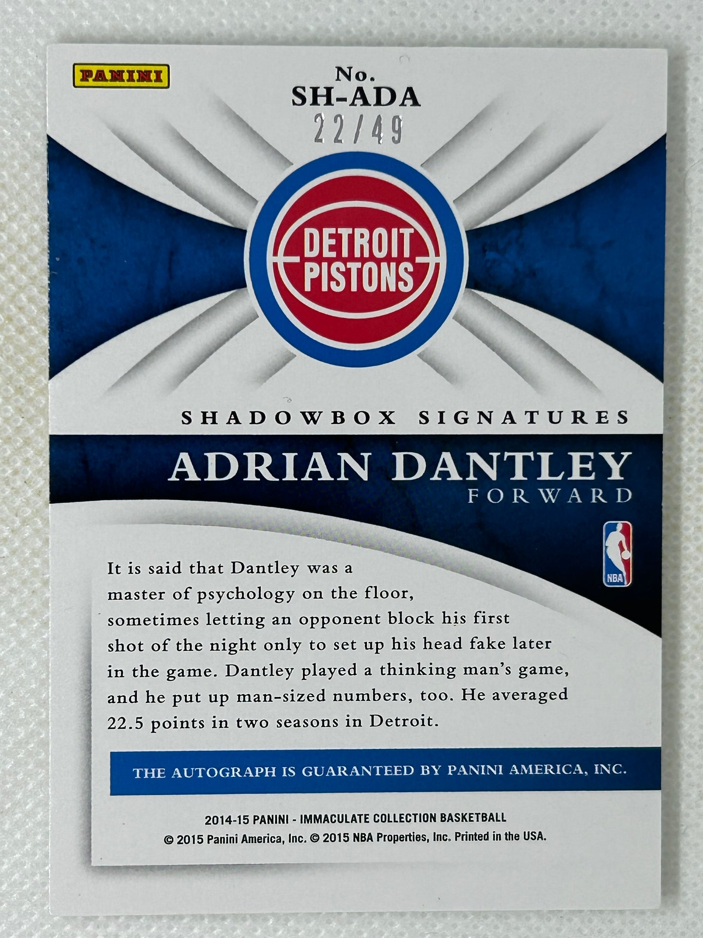 2014-15 Panini Immaculate Shadowbox Signatures #SH-ADA Adrian Dantley /49 Detroit Pistons