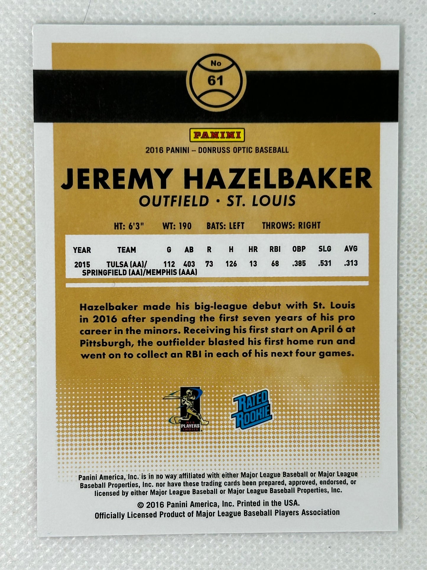 2016 Panini Donruss Optic Rated Rookie #61 Jeremy Hazelbaker St. Louis Cardinals Signed Card