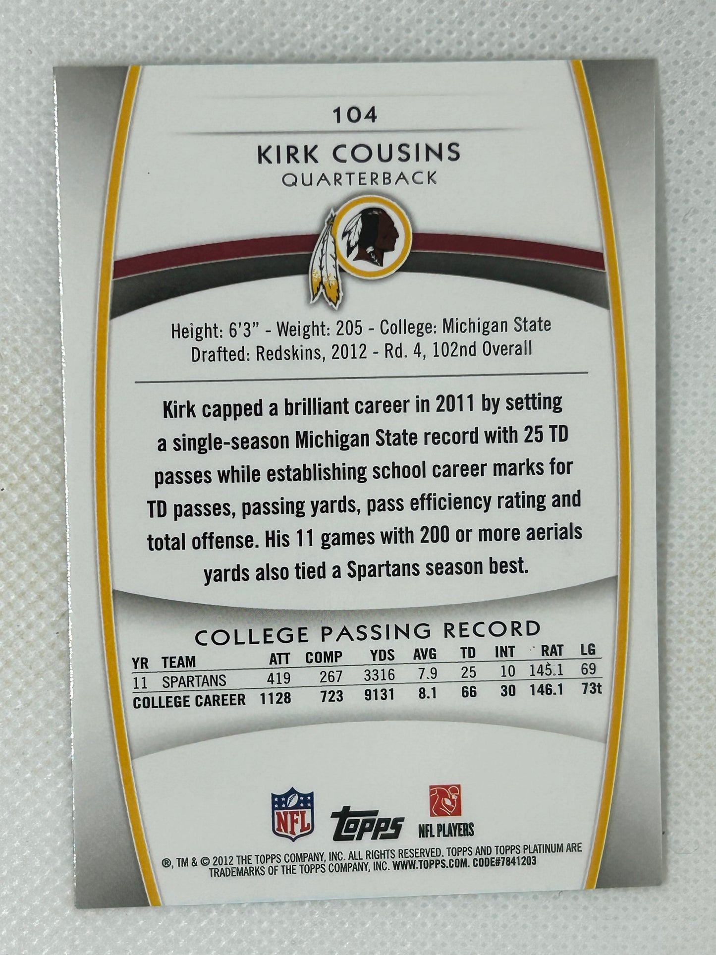 2012 Topps Platinum Kirk Cousins Refractor Rookie #104 Washington Redskins Signed Card