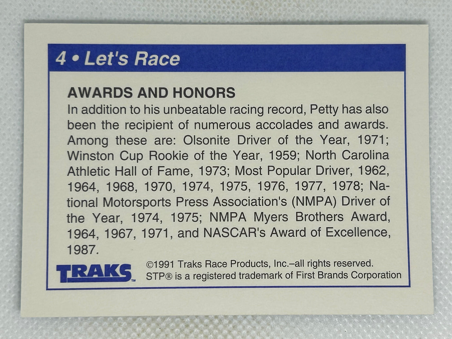 1991 Traks Richard Petty #4 Let's Race Signed Card