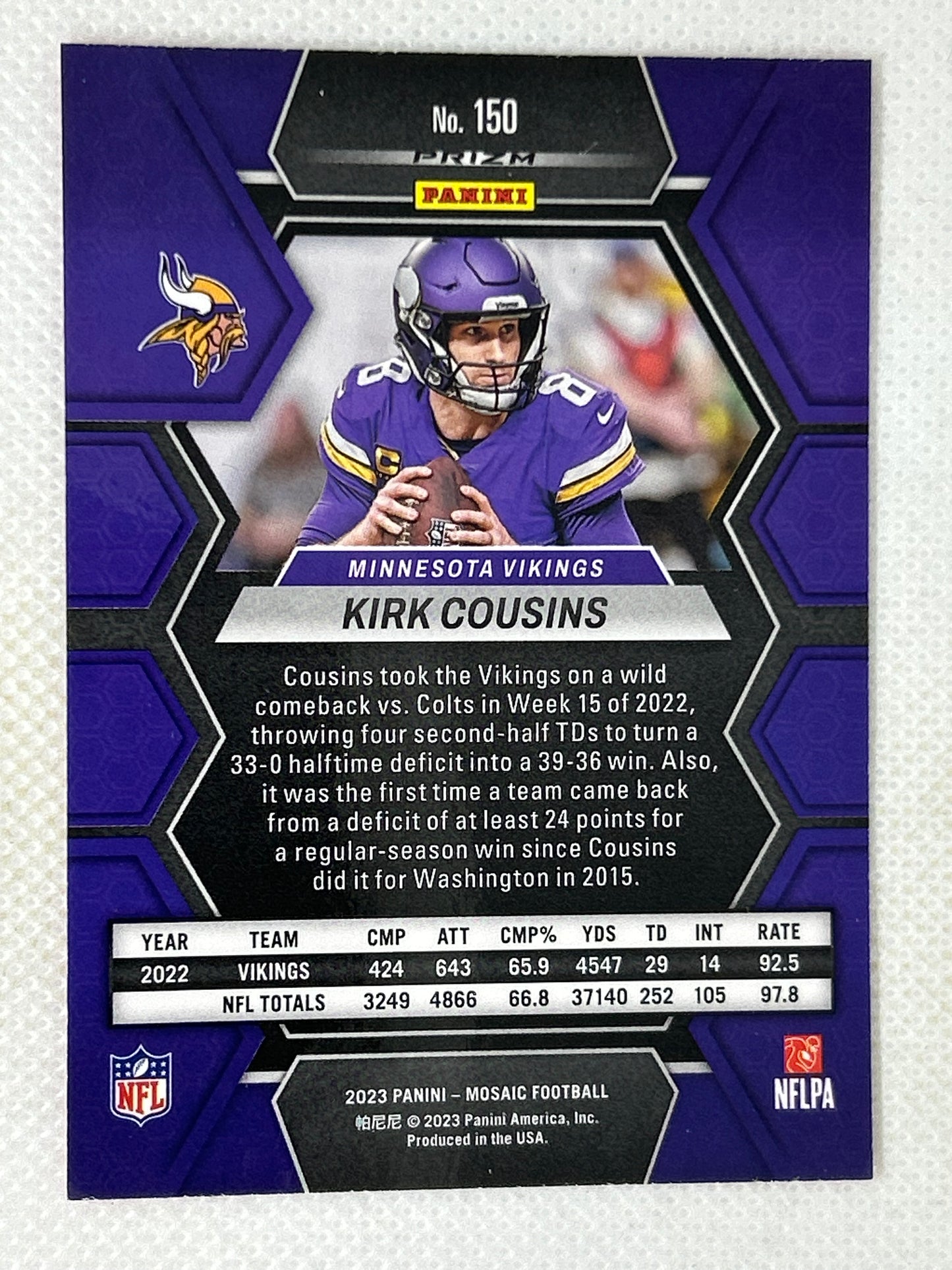 2023 Panini Mosaic Pink Camo Prizm #150 Kirk Cousins Minnesota Vikings