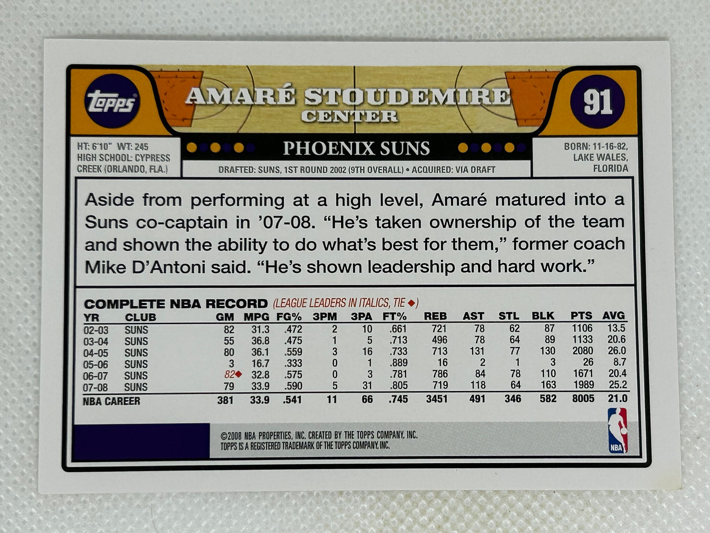 2008-09 Topps #91 Amare Stoudemire Phoenix Suns