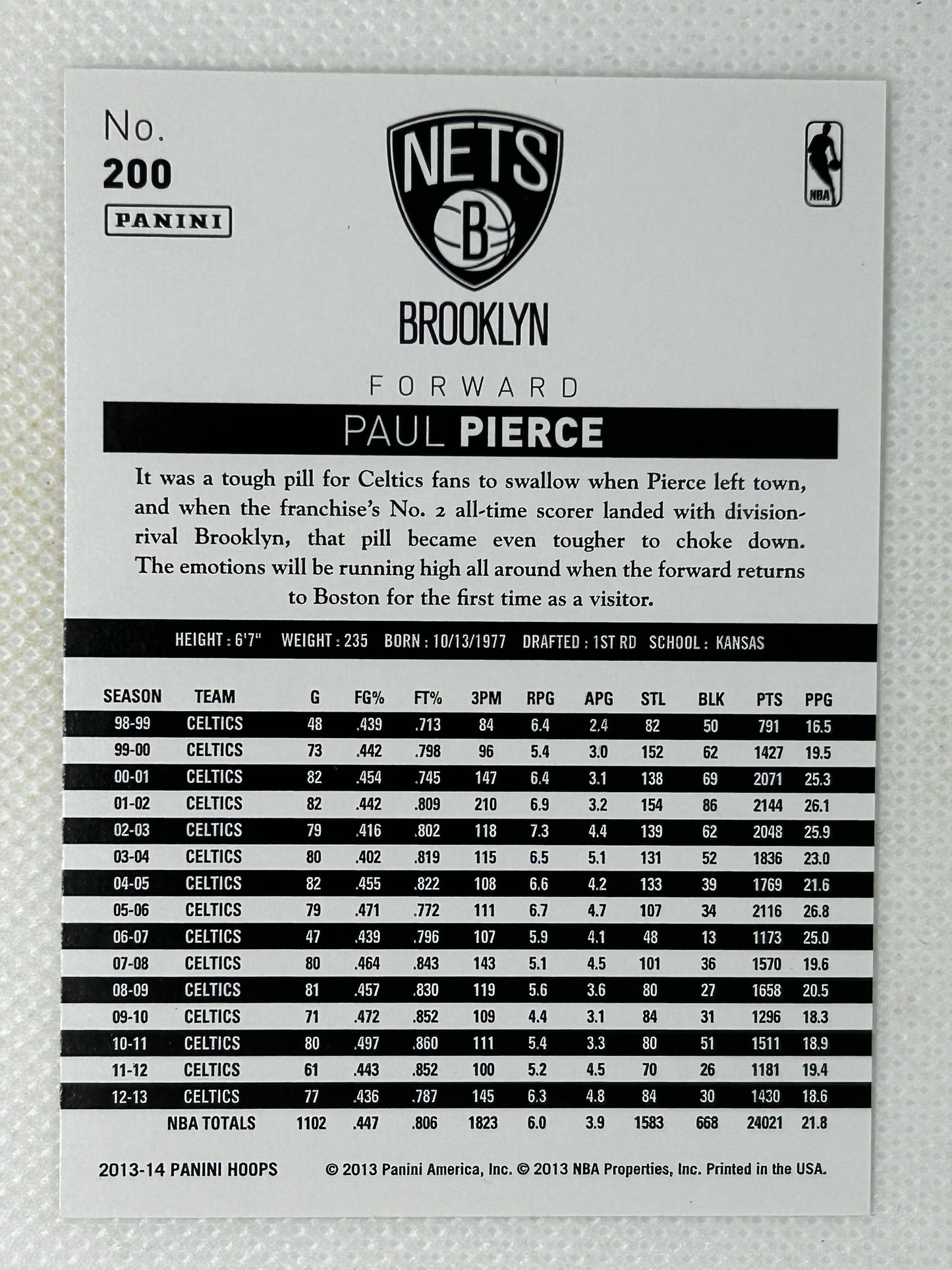 2013-14 Panini Hoops #200 Paul Pierce Brooklyn Nets Signed Card