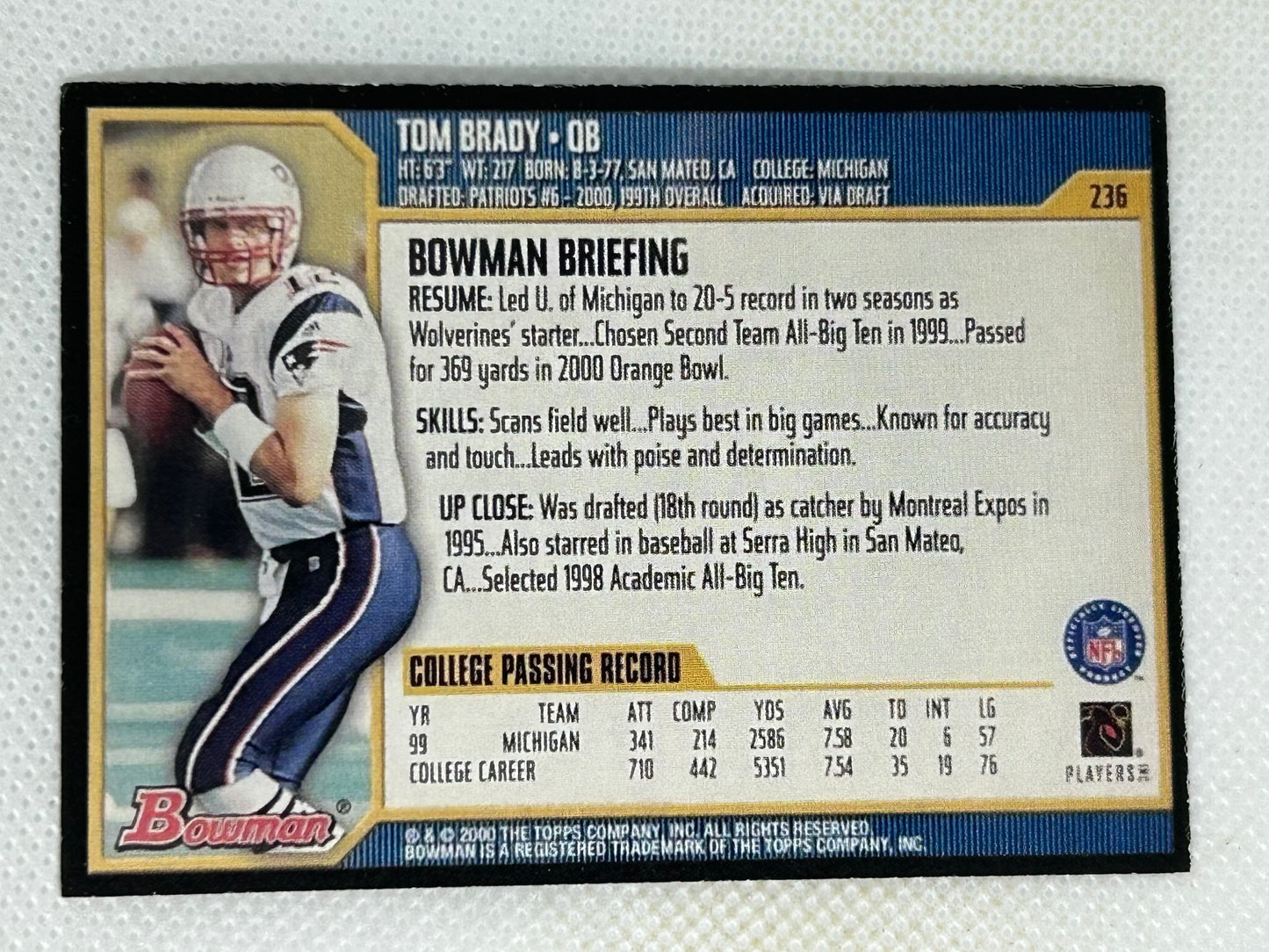2000 Bowman #236 Tom Brady Rookie Reprint New England Patriots