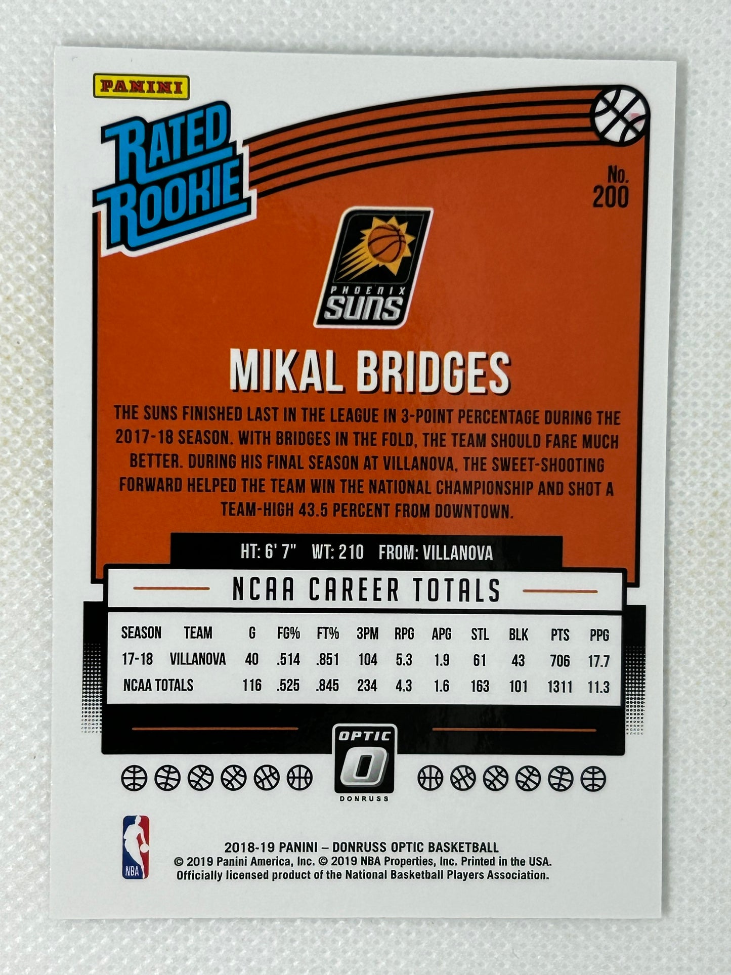 2018-19 Panini Optic Rookie #200 Mikal Bridges Phoenix Suns