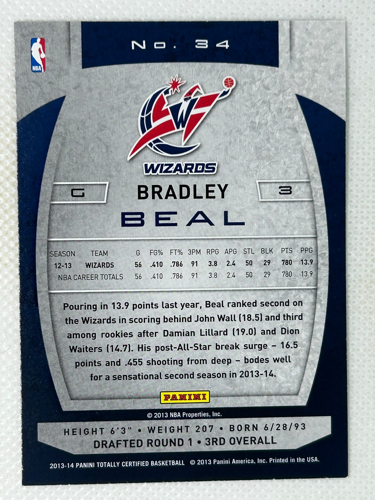 2013-14 Panini Totally Certified Bradley Beal #34 Washington Wizards