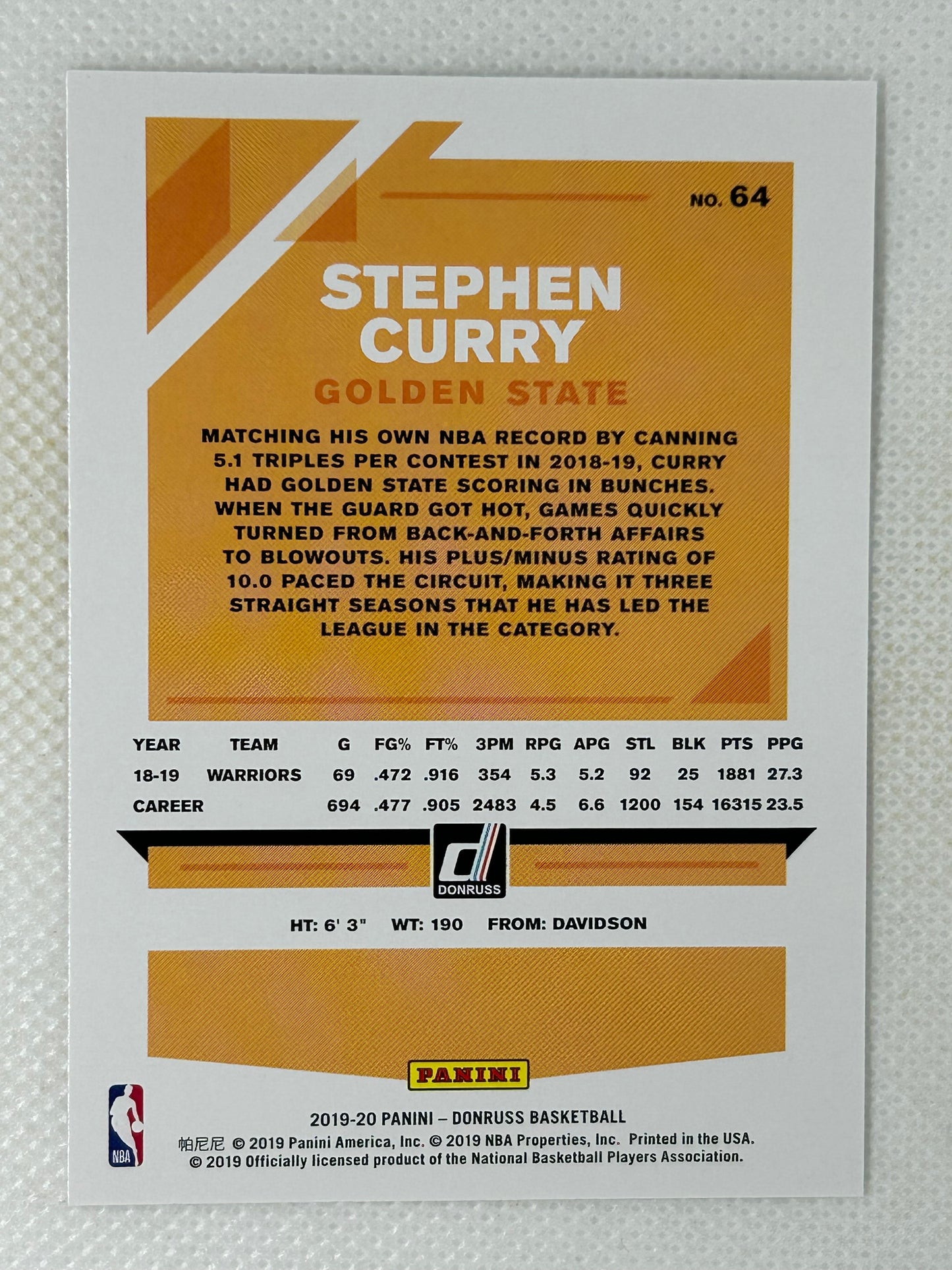 2019-20 Panini Donruss #64 Stephen Curry Golden State Warriors Signed Card