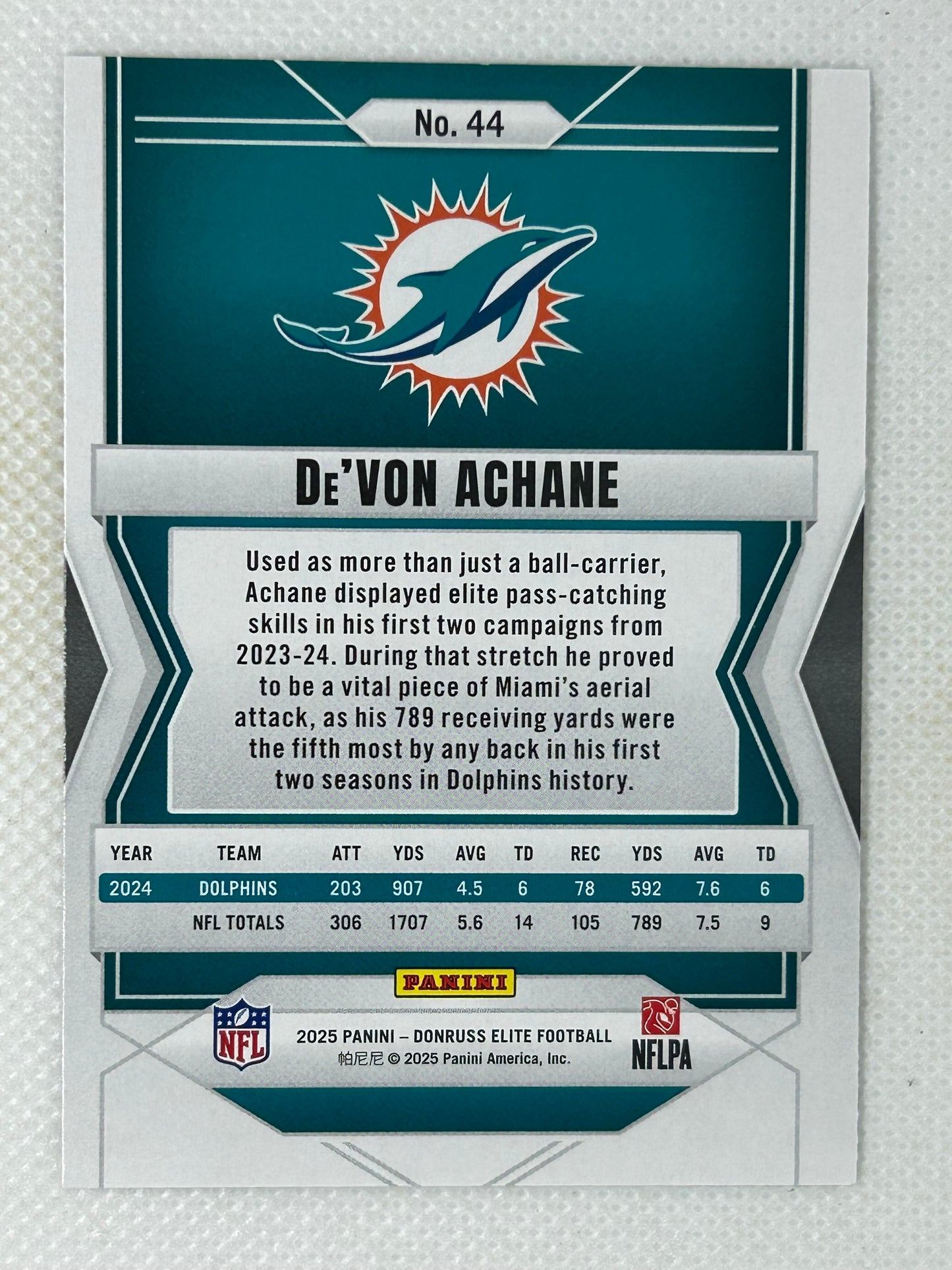2025 Panini Donruss Elite #44 De'Von Achane Miami Dolphins