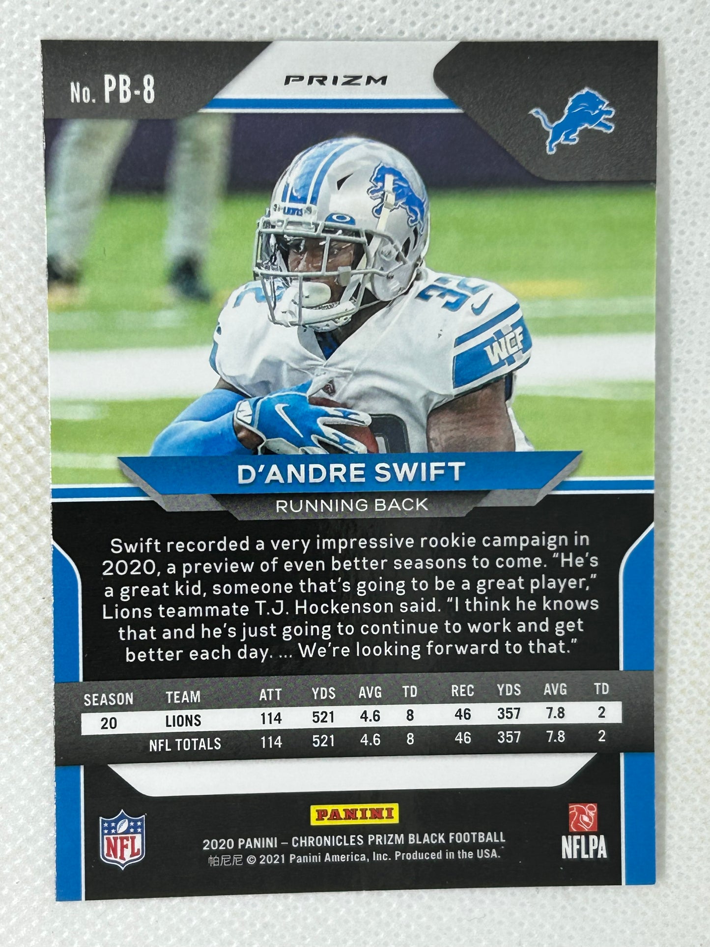 2020 Panini Prizm Black Silver Prizm Rookie Card #PB-8 D'Andre Swift Detroit Lions