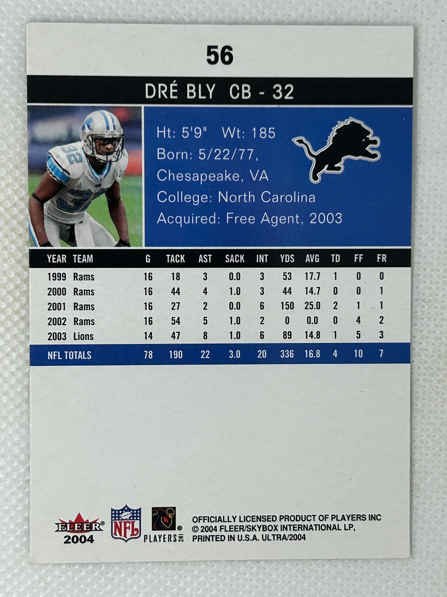 2004 Fleer Ultra Football #56 Dre' Bly Detroit Lions