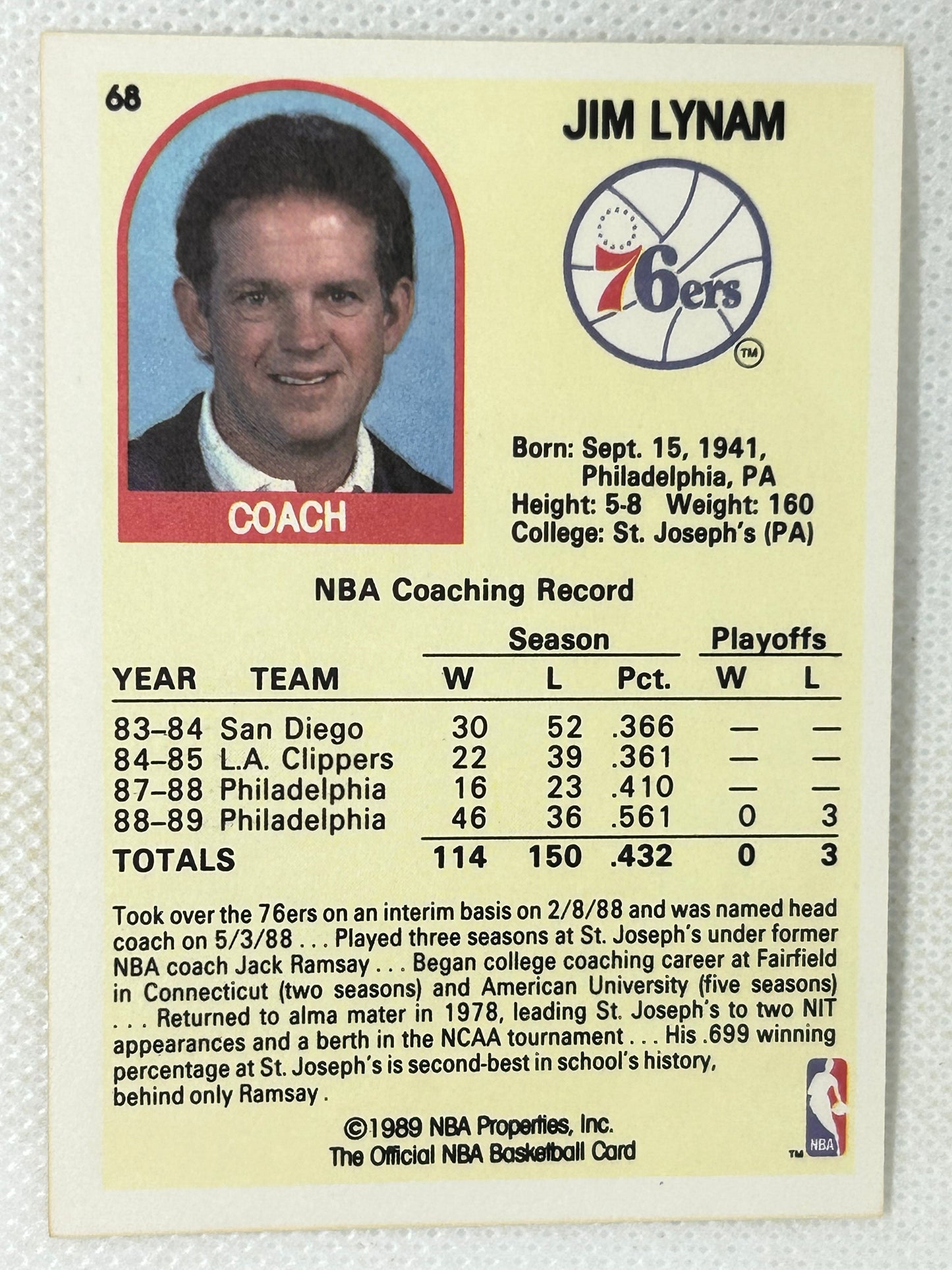1989 Hoops Basketball #68 Jim Lynam Philadelphia 76ers Signed Card