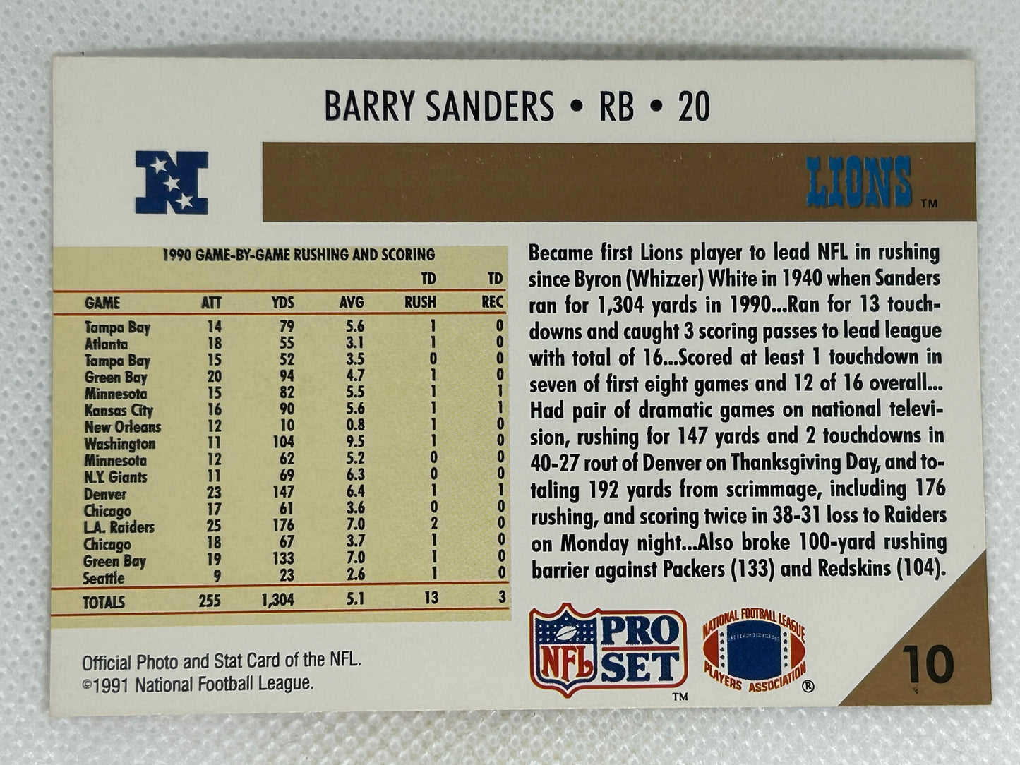 1991 Pro Set #10 Barry Sanders Detroit Lions Signed Card