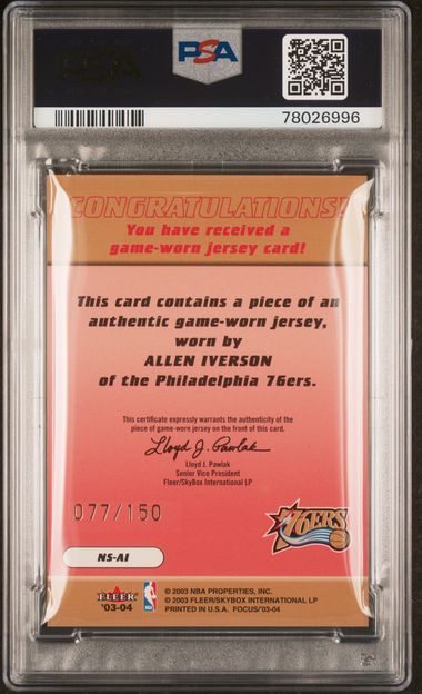 2003-04 Fleer Focus NBA Shirtified Jersey Card /150 Allen Iverson #NS-AI Philadelphia 76ers PSA 9 Mint