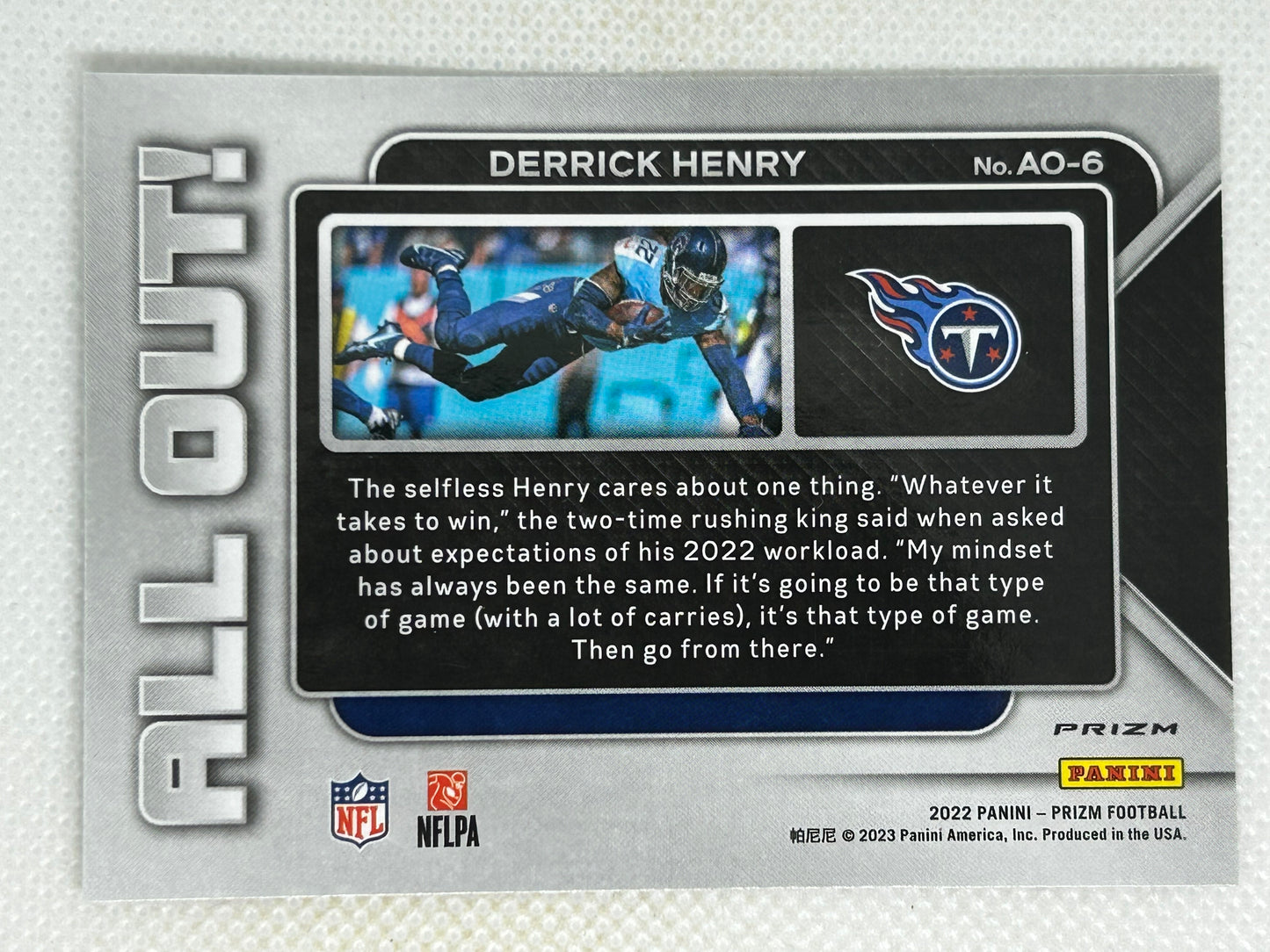 2022 Panini Prizm Derrick Henry Silver Prizm All Out! #AO-6 Tennessee Titans