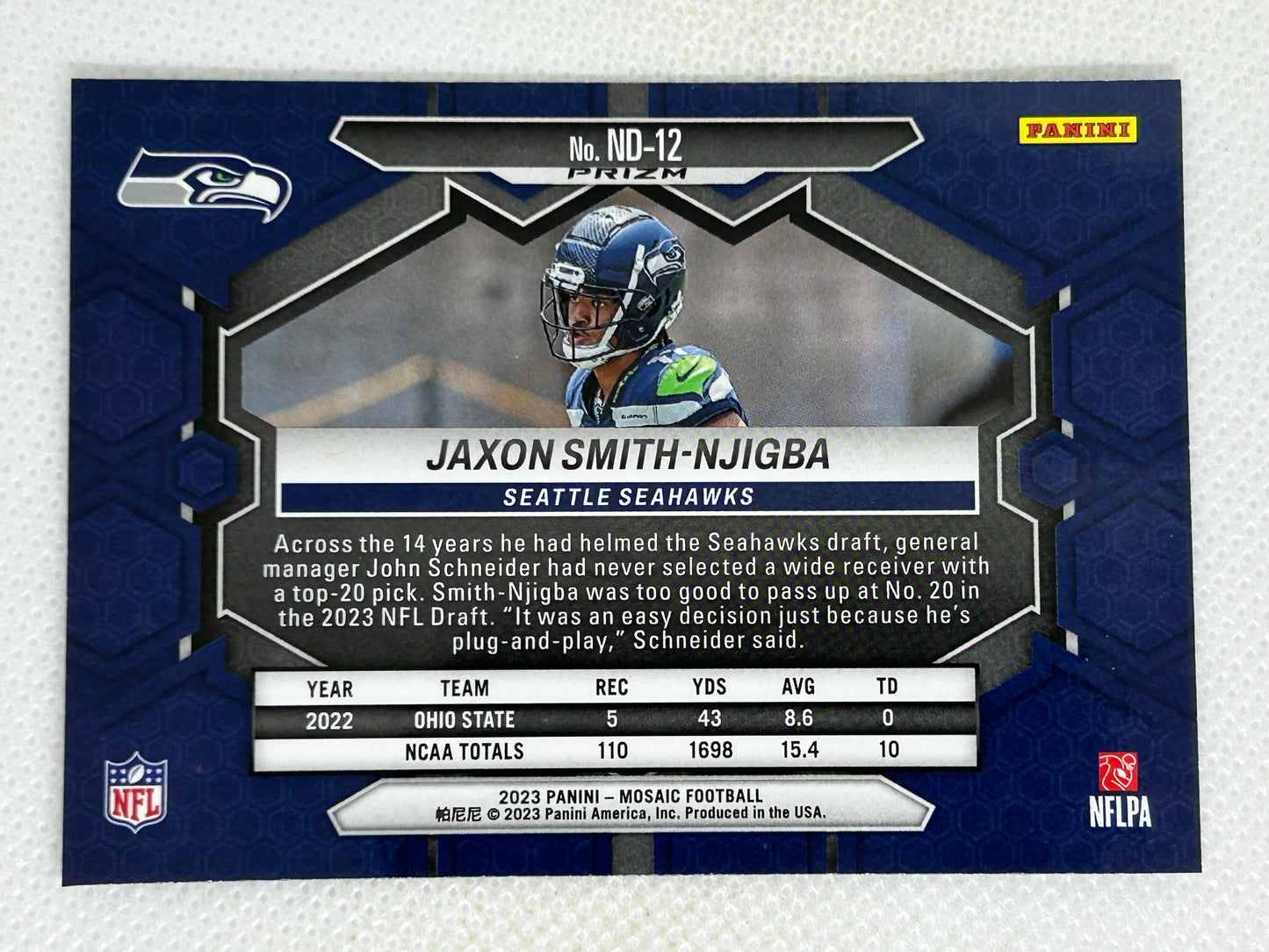 2023 Panini Mosaic Blue Reactive NFL Debut Rookie ND-12 Jaxon Smith-Njigba Seattle Seahawks
