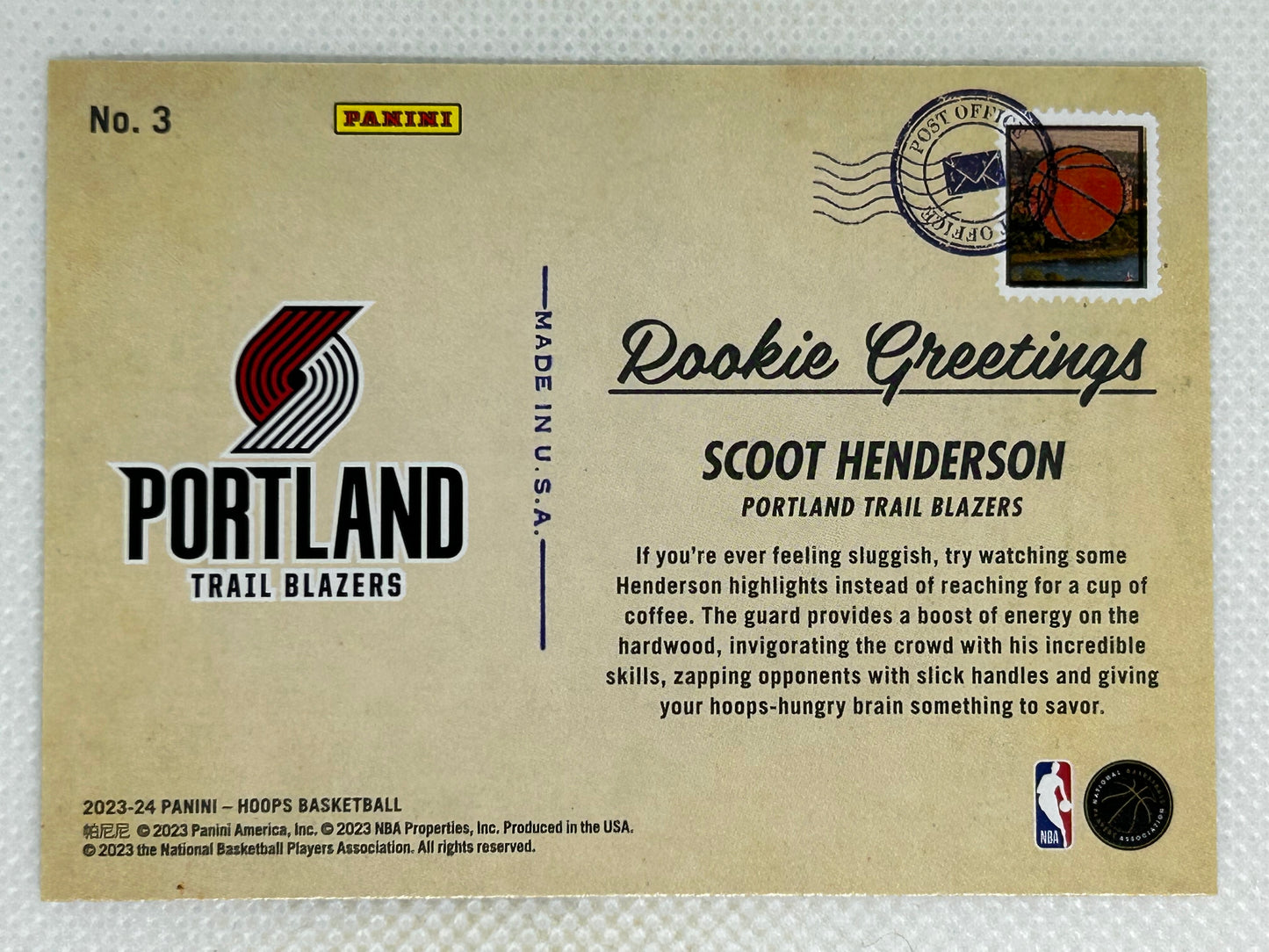 2023-24 Panini NBA Hoops Winter Rookie Greetings Scoot Henderson #3 Portland Trailblazers
