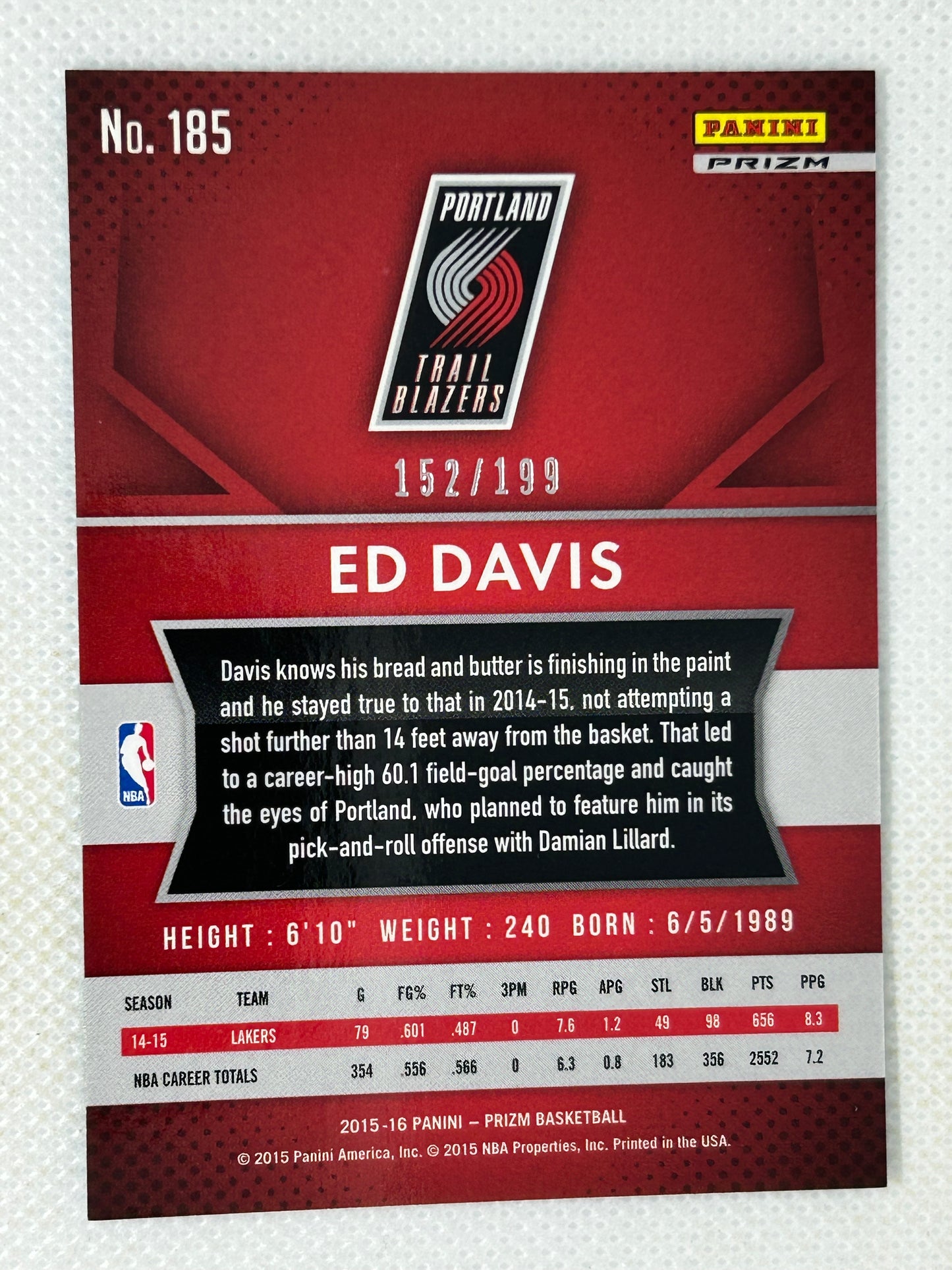2015-16 Panini Prizm Teal Blue #185 Ed Davis /199 Portland Trailblazers