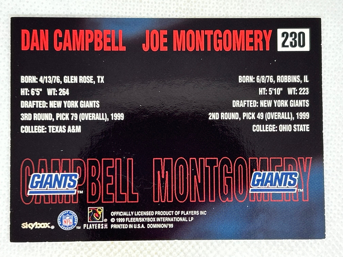 1999 Skybox Dominion Rookie Dan Campbell Joe Montgomery #230 New York Giants Detroit Lions